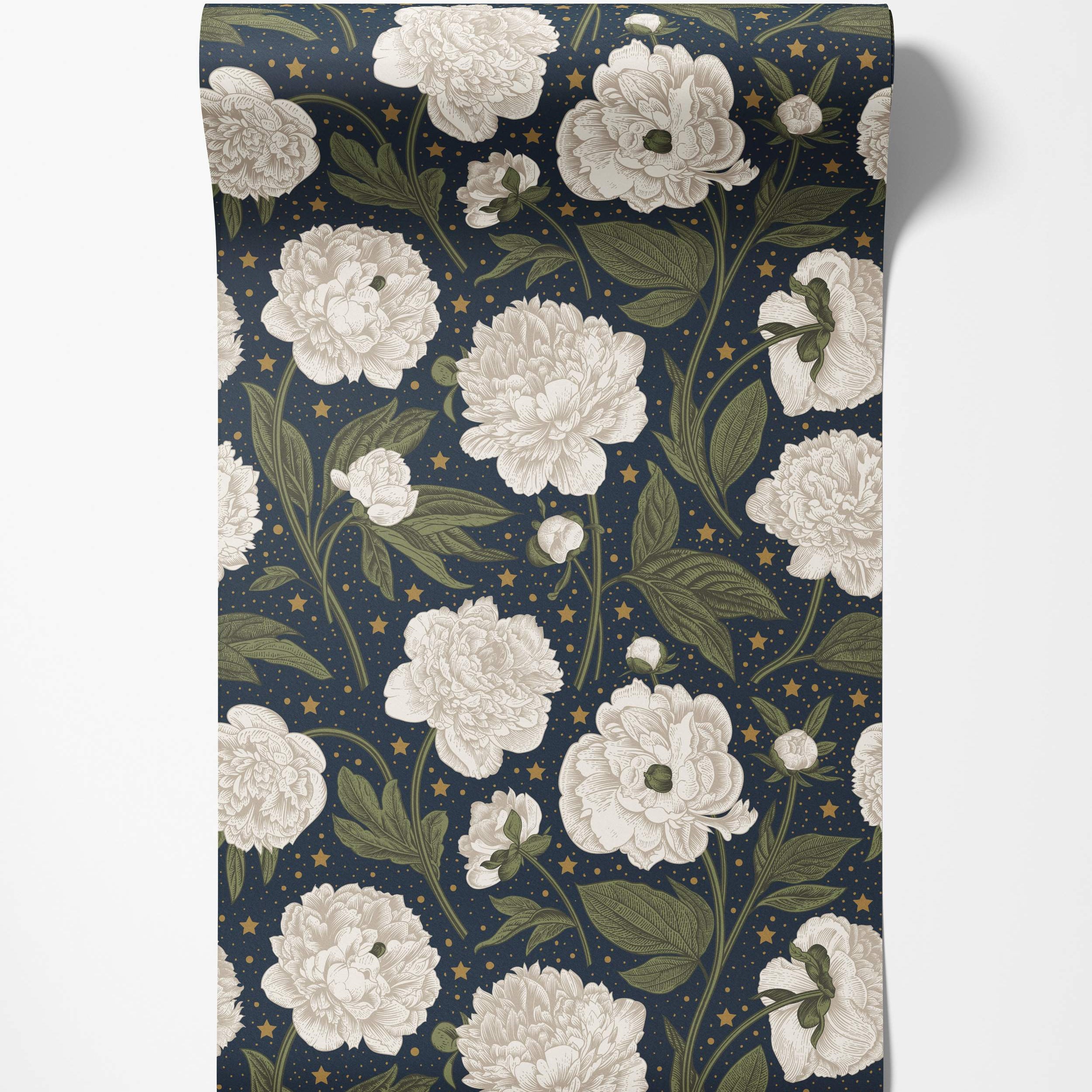 Wallpaper featuring illustrated white peonies and green leaves on a dark navy background with scattered gold stars and dots.