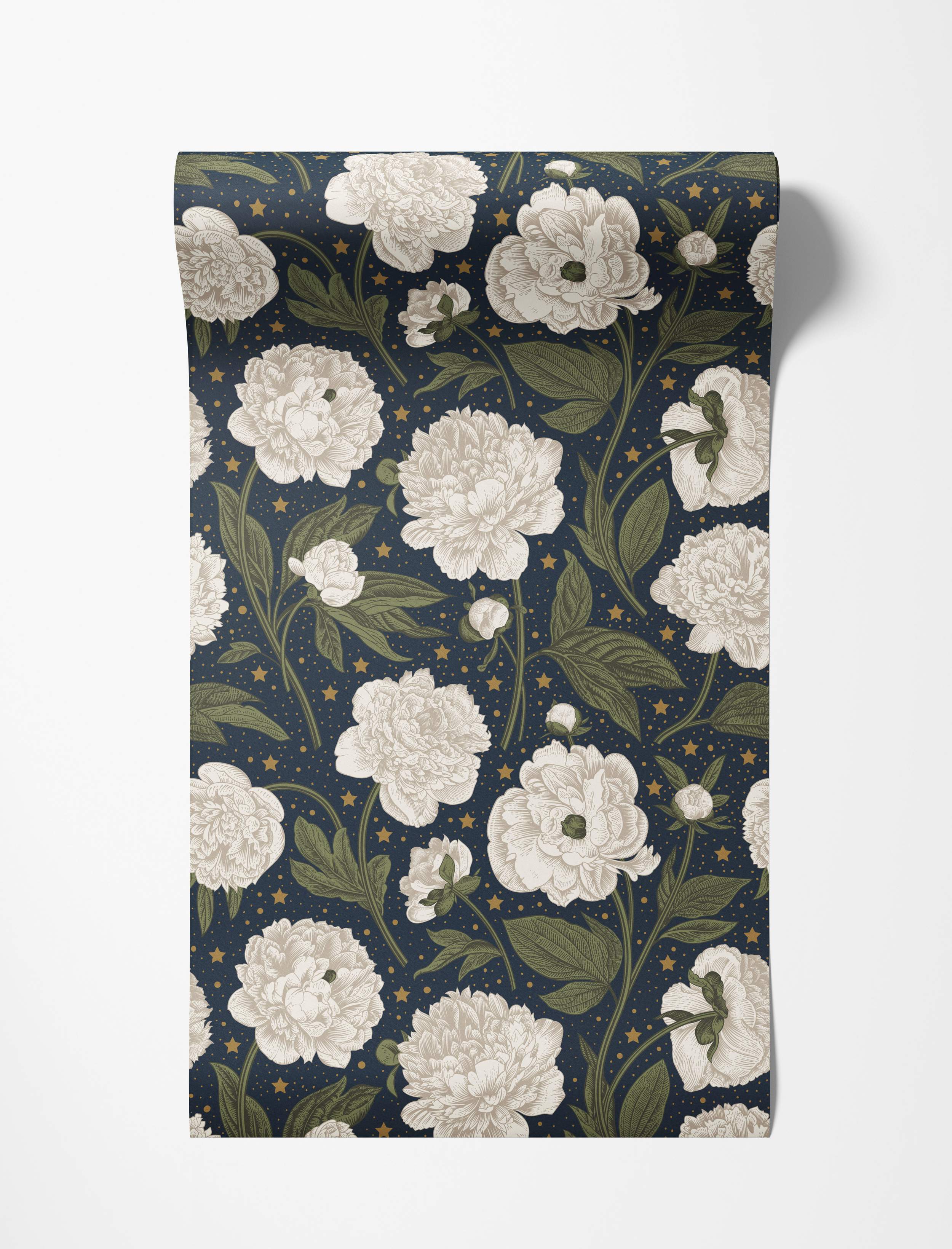 Wallpaper featuring illustrated white peonies and green leaves on a dark navy background with scattered gold stars and dots.