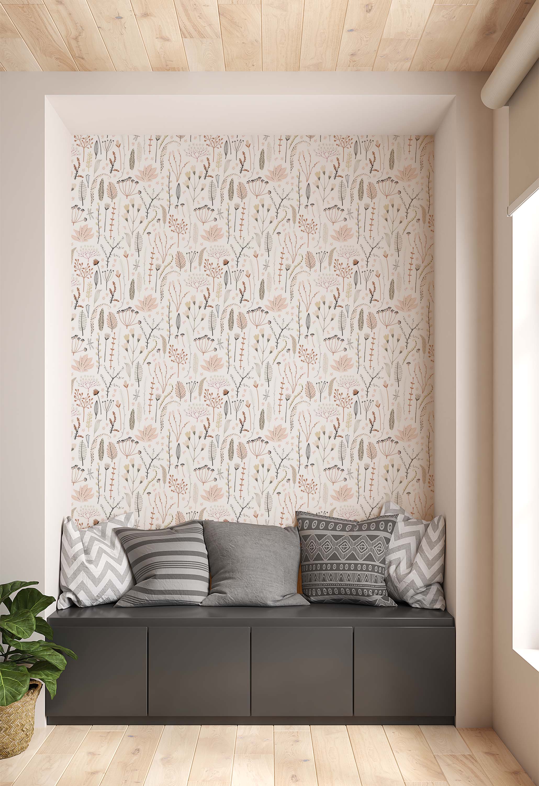 Wallpaper with a delicate pattern of stylized wildflowers and foliage in blush pink, brown, and beige on a light cream background.
