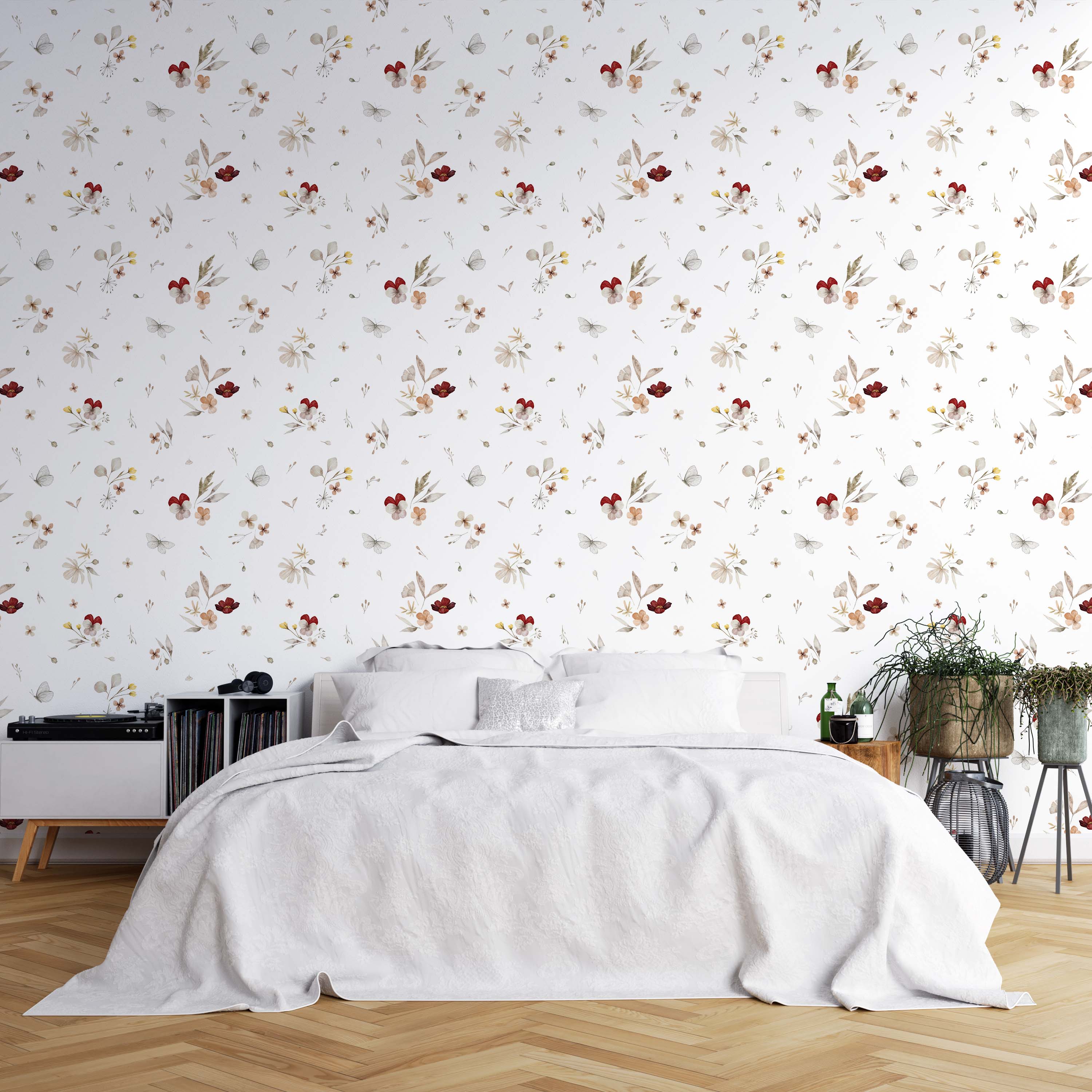 Wallpaper with a scattered wildflower and butterfly pattern in red, peach, beige, and grey tones on a white background.