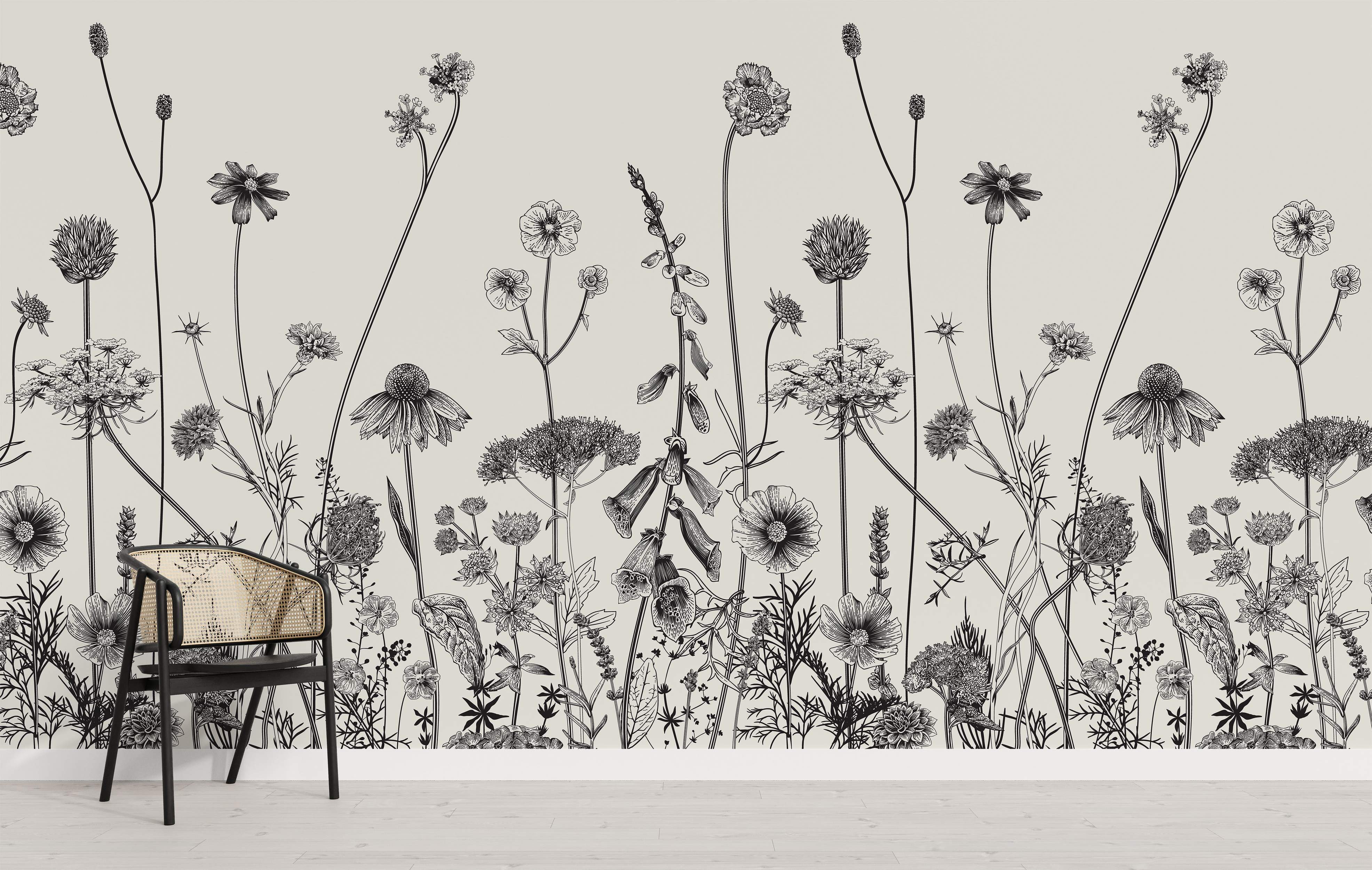 Botanical mural featuring black line drawings of various wildflowers on a light beige background.