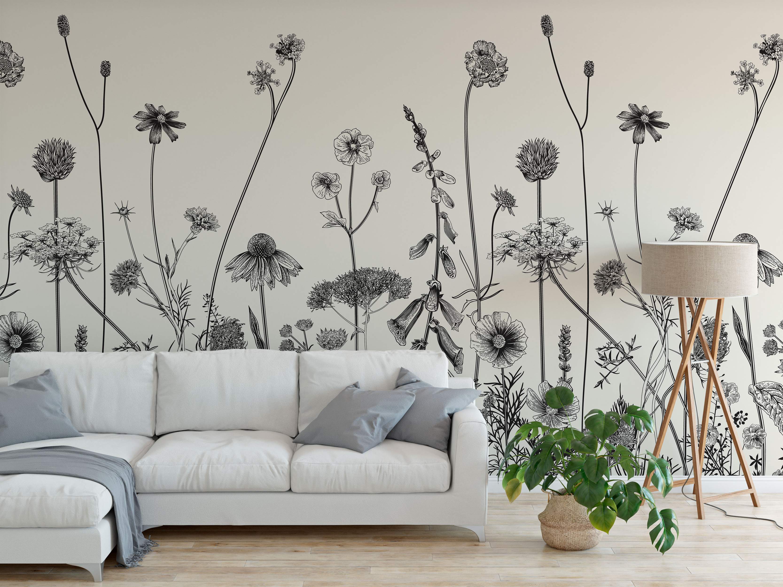 Mural featuring detailed black botanical line drawings of various wildflowers across a light beige background.
