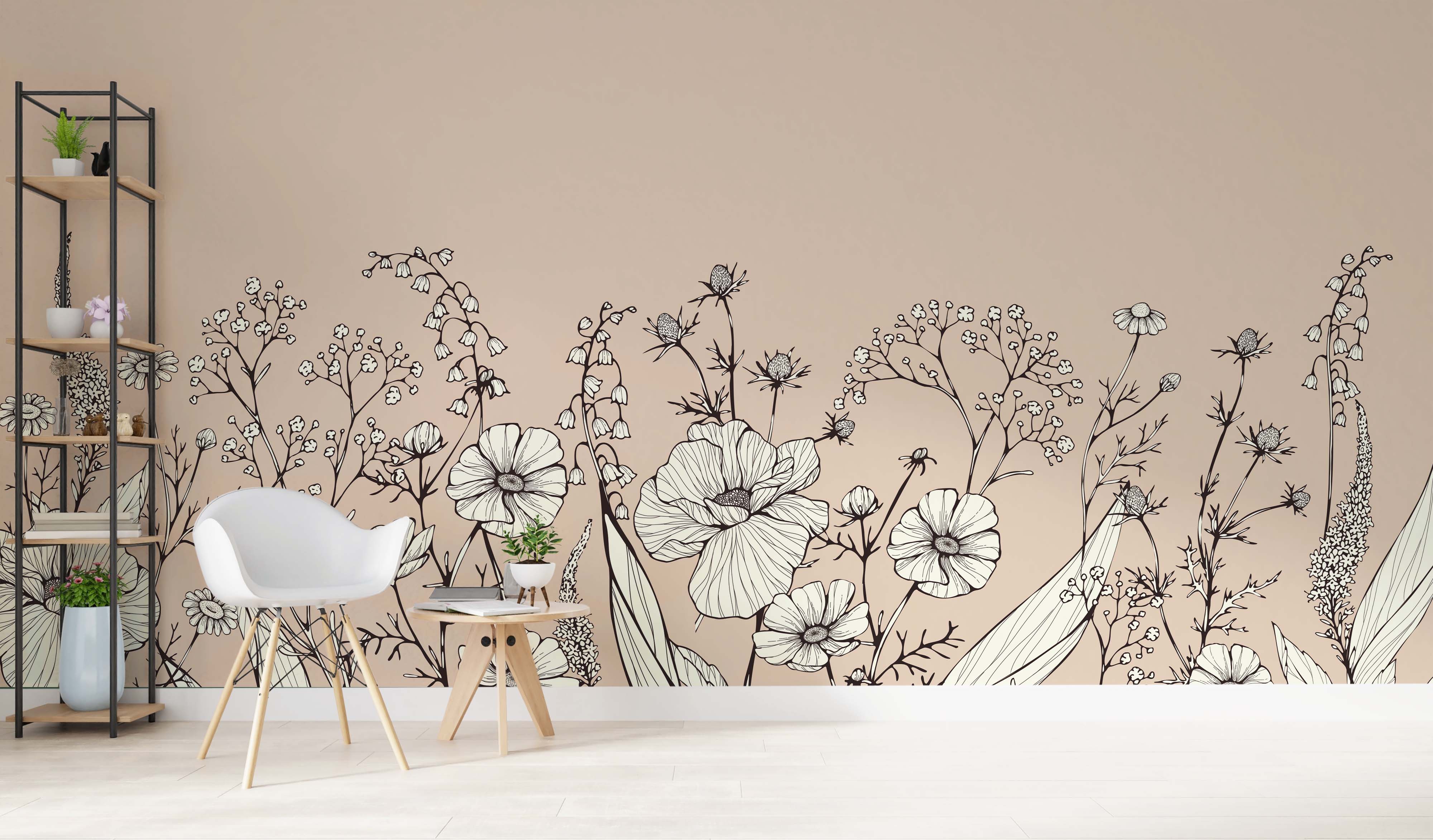 Beige mural with a line art illustration of wildflowers, featuring cream petals and bold black outlines.