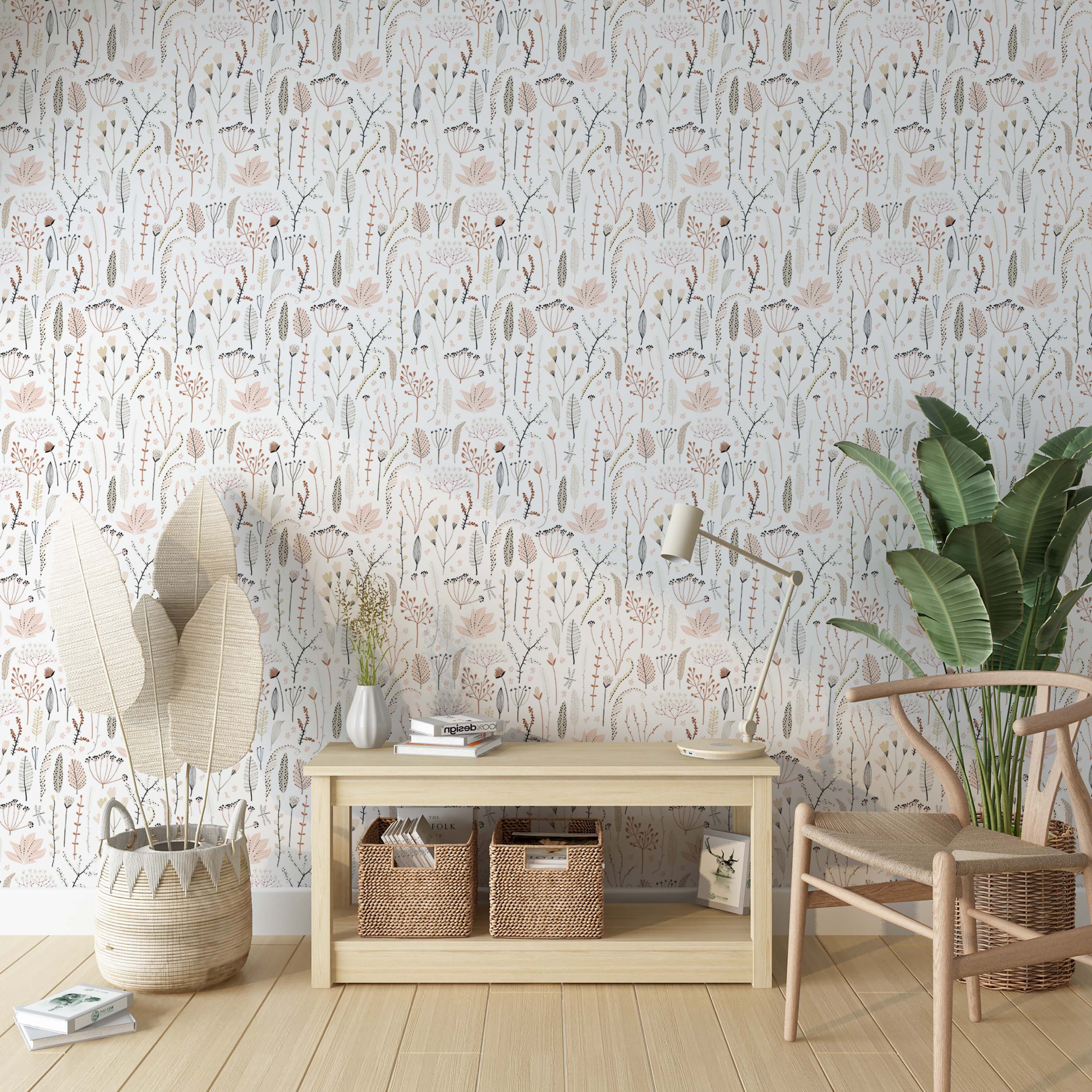 Delicate wallpaper featuring an array of stylized botanical elements in muted pink, brown, and gray against a white field.