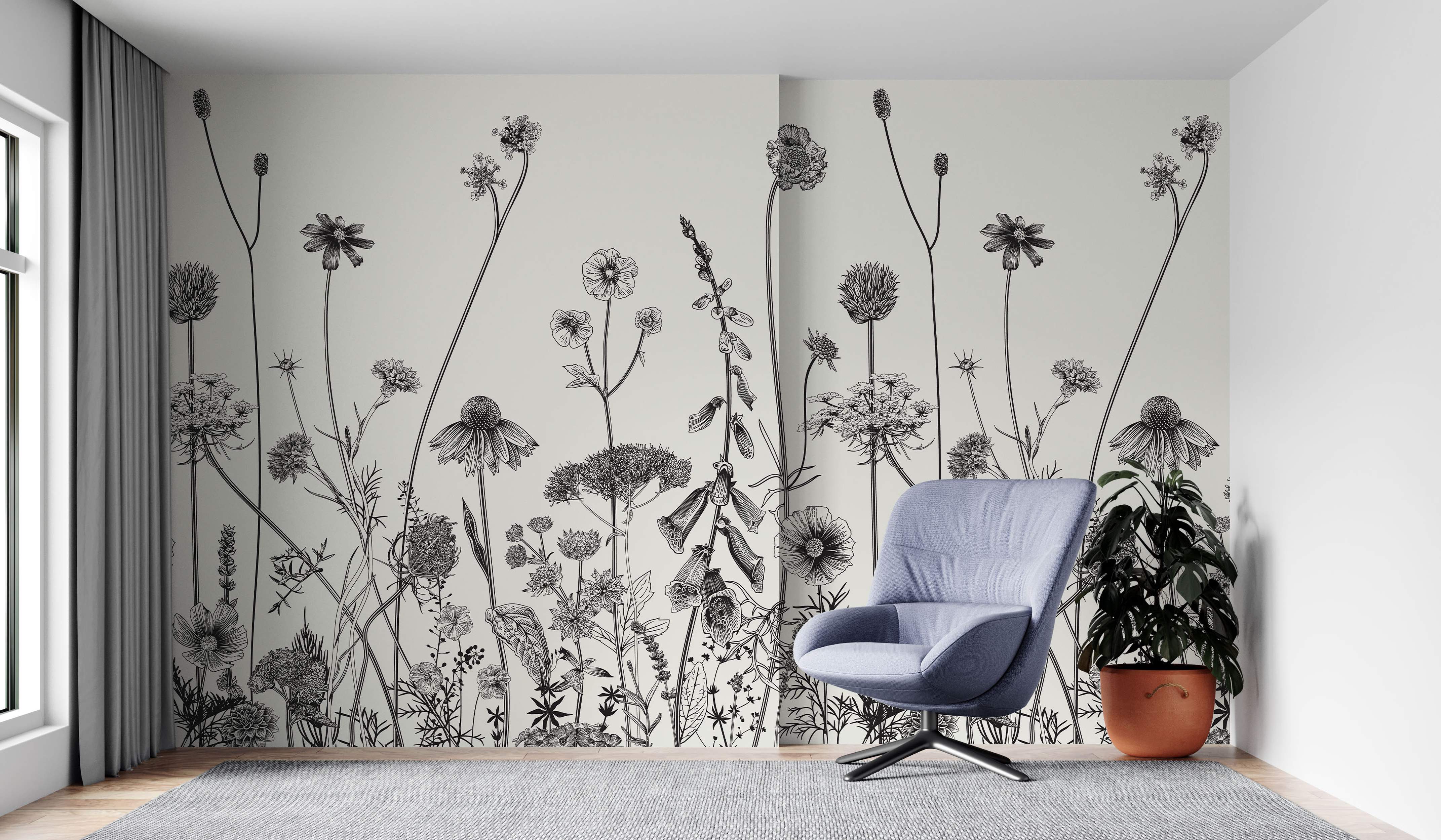 Botanical mural with detailed black line art wildflowers and plants on a light off-white wall.
