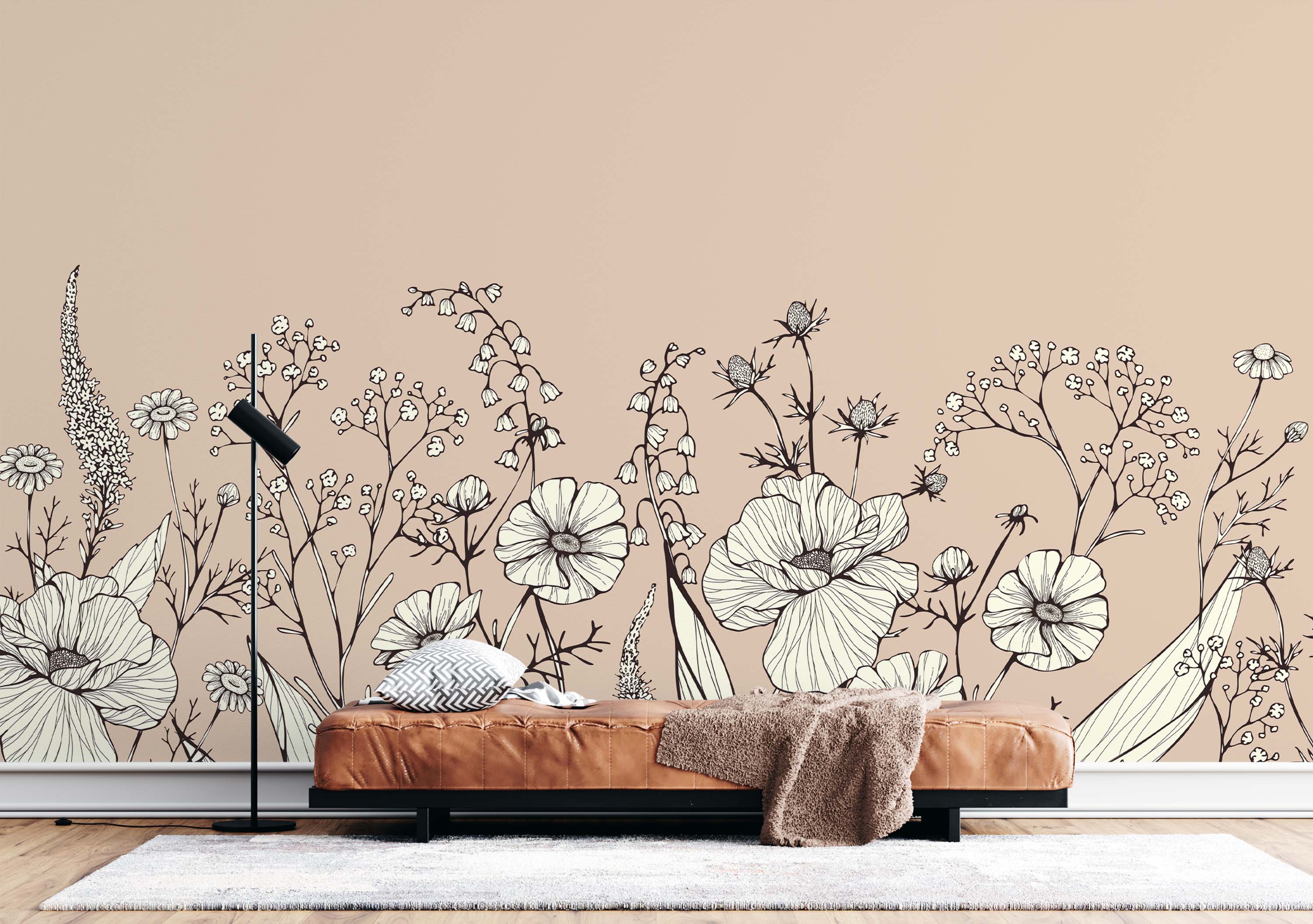 Mural of wildflowers rendered in black line art with off-white accents, set against a light beige background.