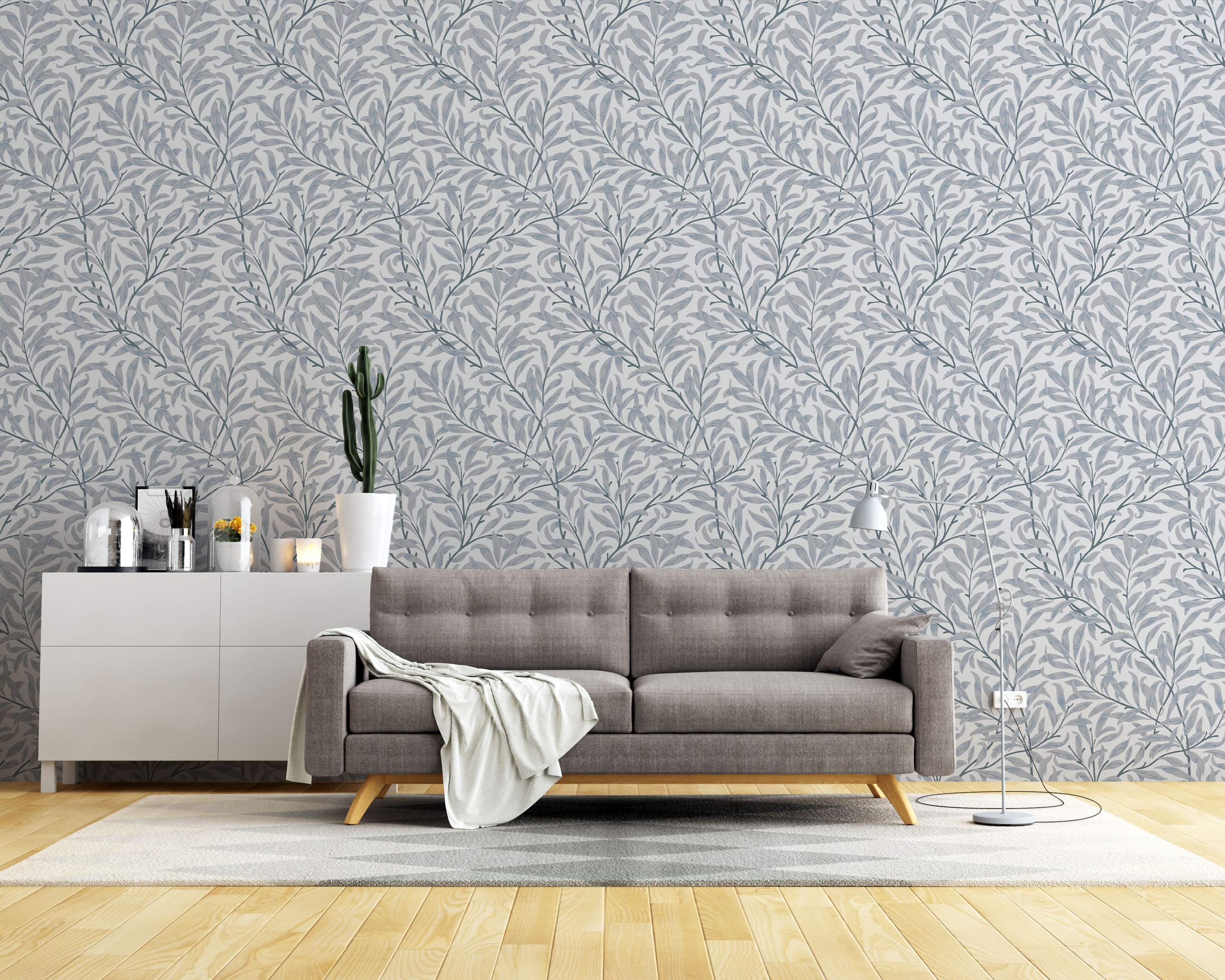 Arts and Crafts style wallpaper featuring repeating blue-gray willow branches and leaves on a light gray background.