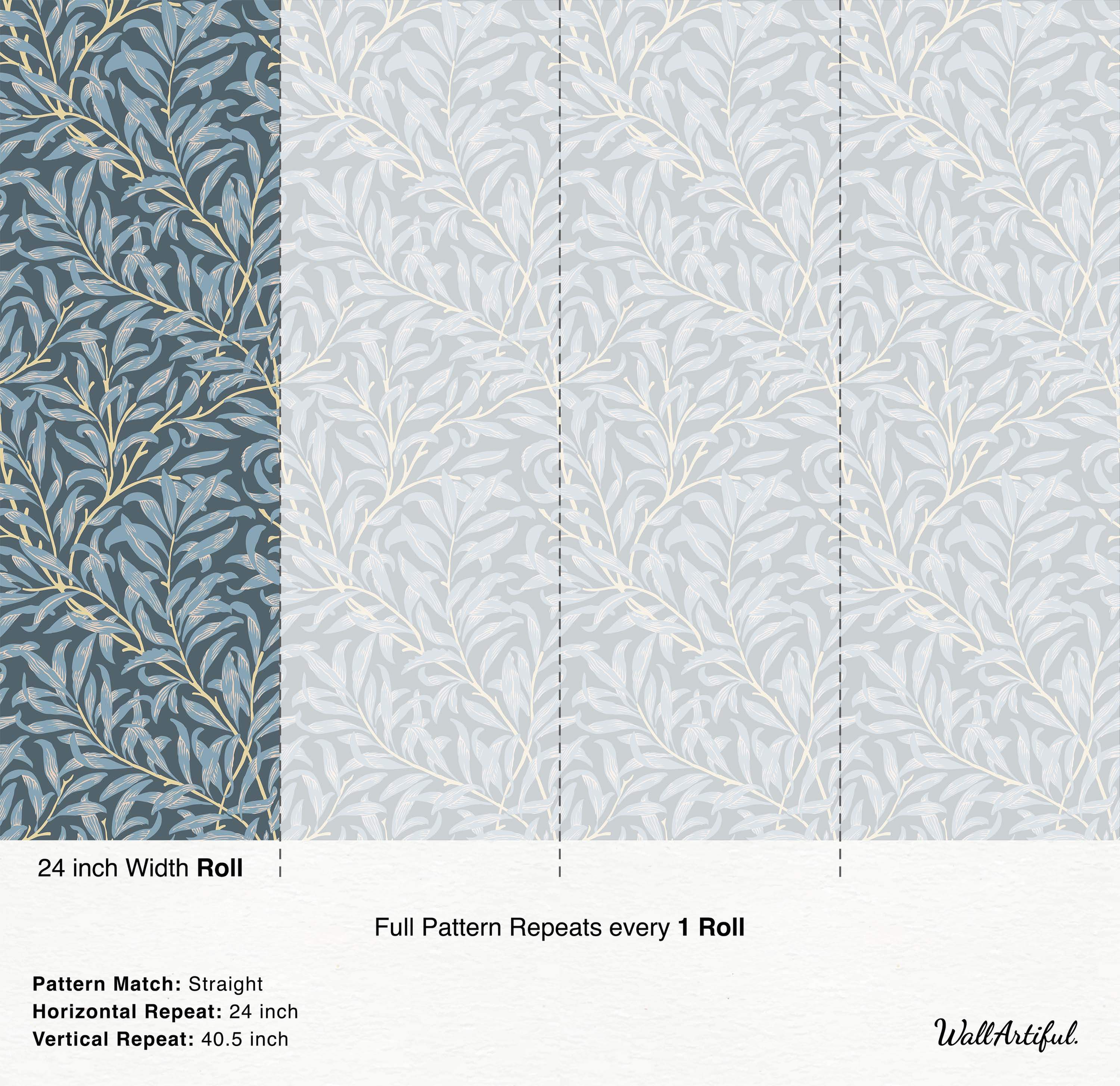 Botanical wallpaper with light blue-gray willow leaves and pale yellow branches on a dark blue-gray background.
