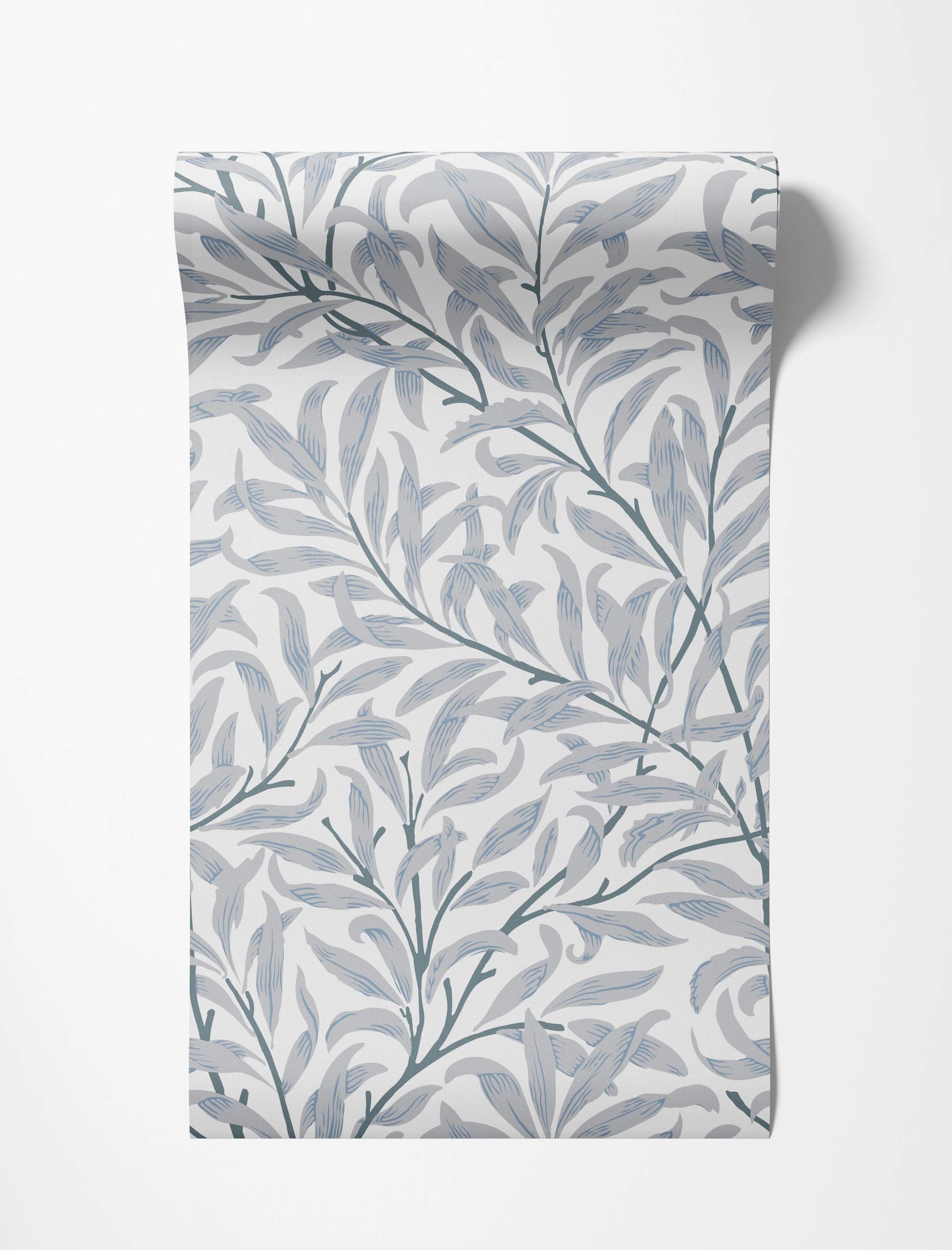 Botanical wallpaper with flowing willow branches and leaves in shades of grey and blue against a white backdrop.