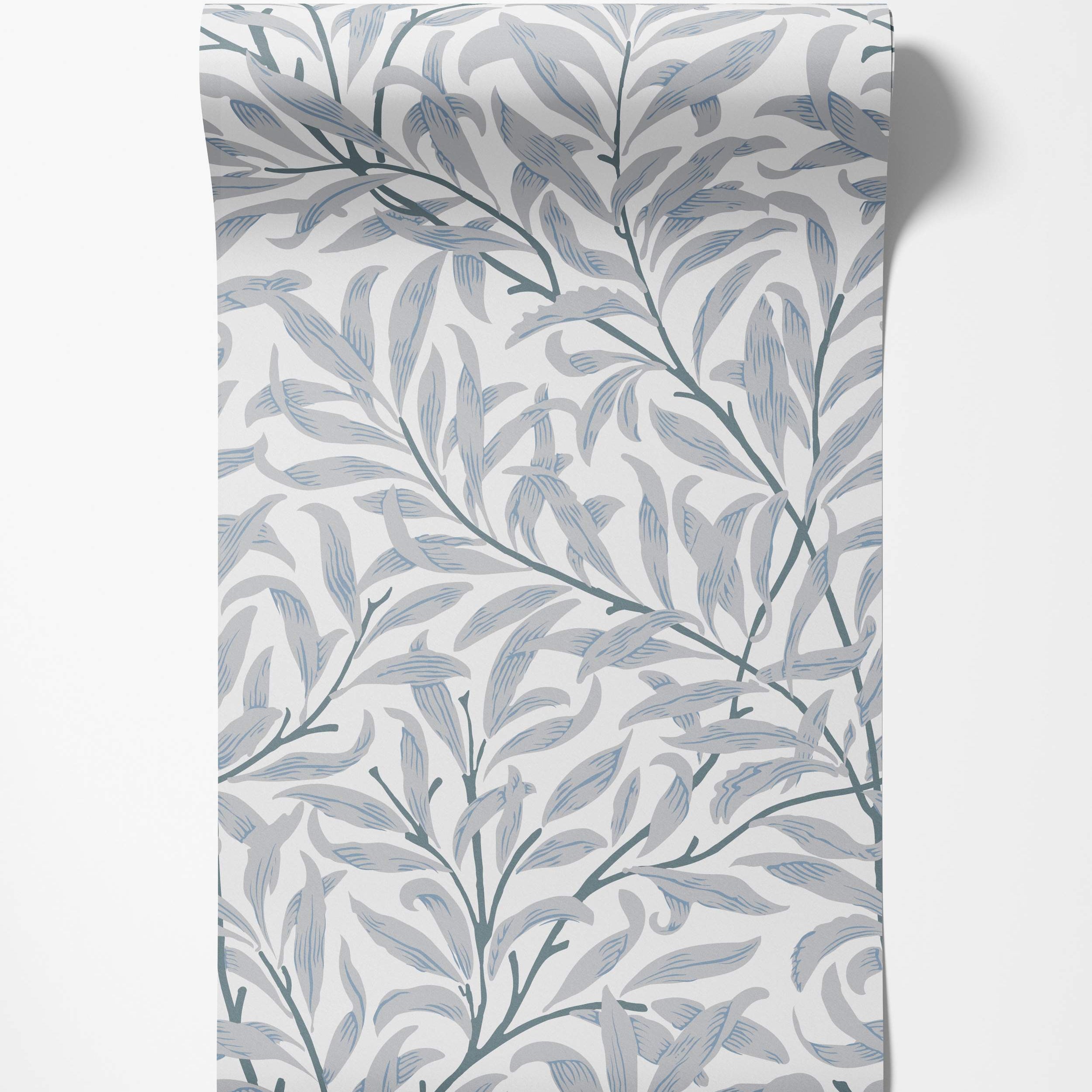 Botanical wallpaper with flowing willow branches and leaves in shades of grey and blue against a white backdrop.