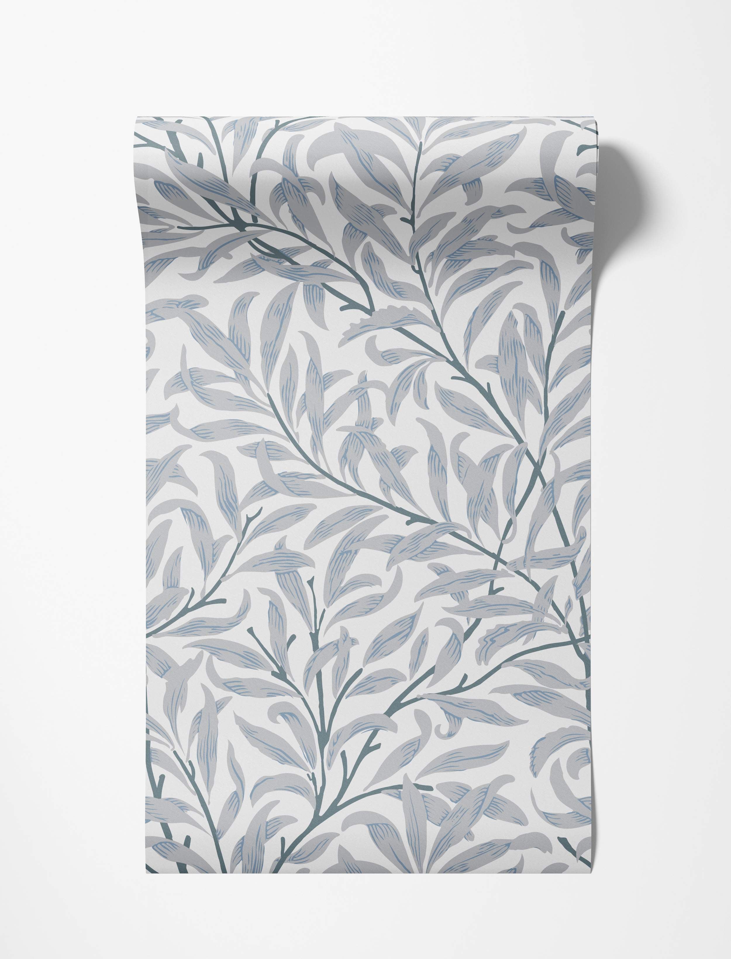 Botanical wallpaper with flowing willow branches and leaves in shades of grey and blue against a white backdrop.
