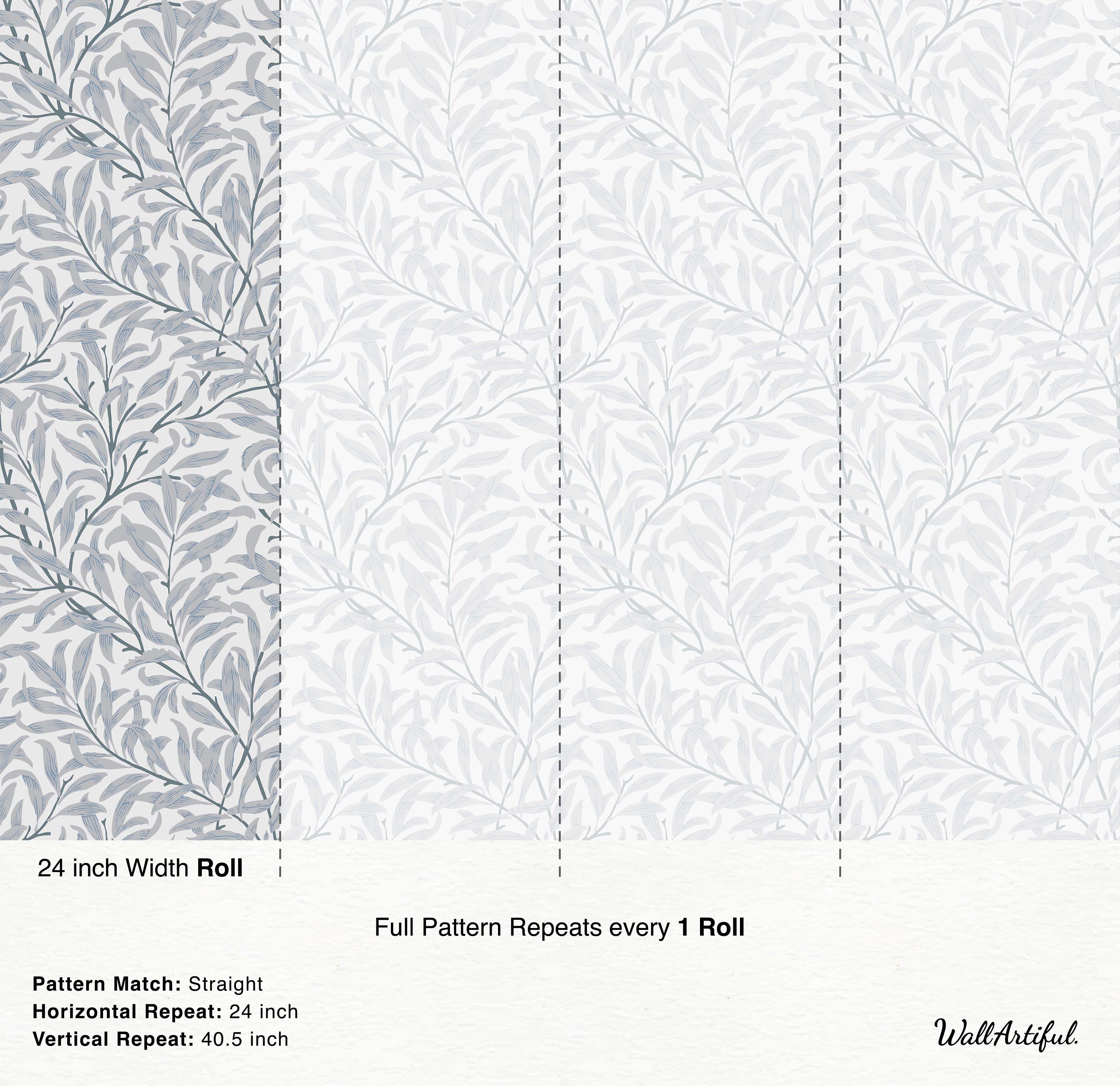 Botanical wallpaper featuring intertwining willow branches and leaves in muted blue-grey tones on a light grey background.