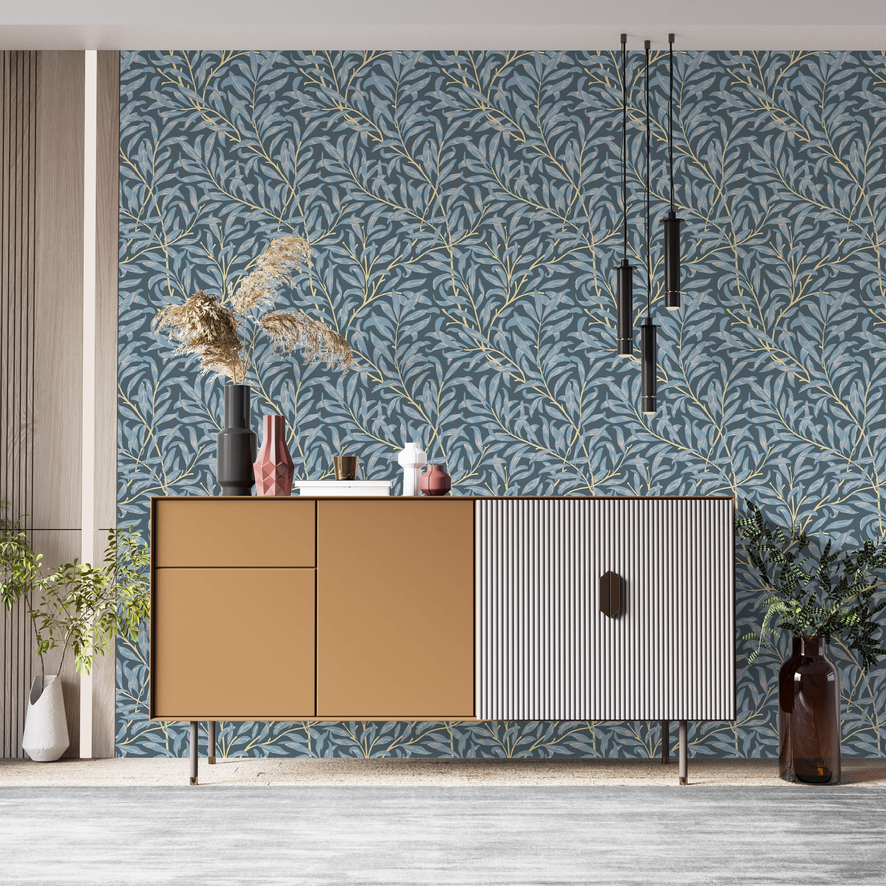 Botanical wallpaper with a repeating pattern of pale yellow branches and blue-grey willow leaves on a dark blue background.
