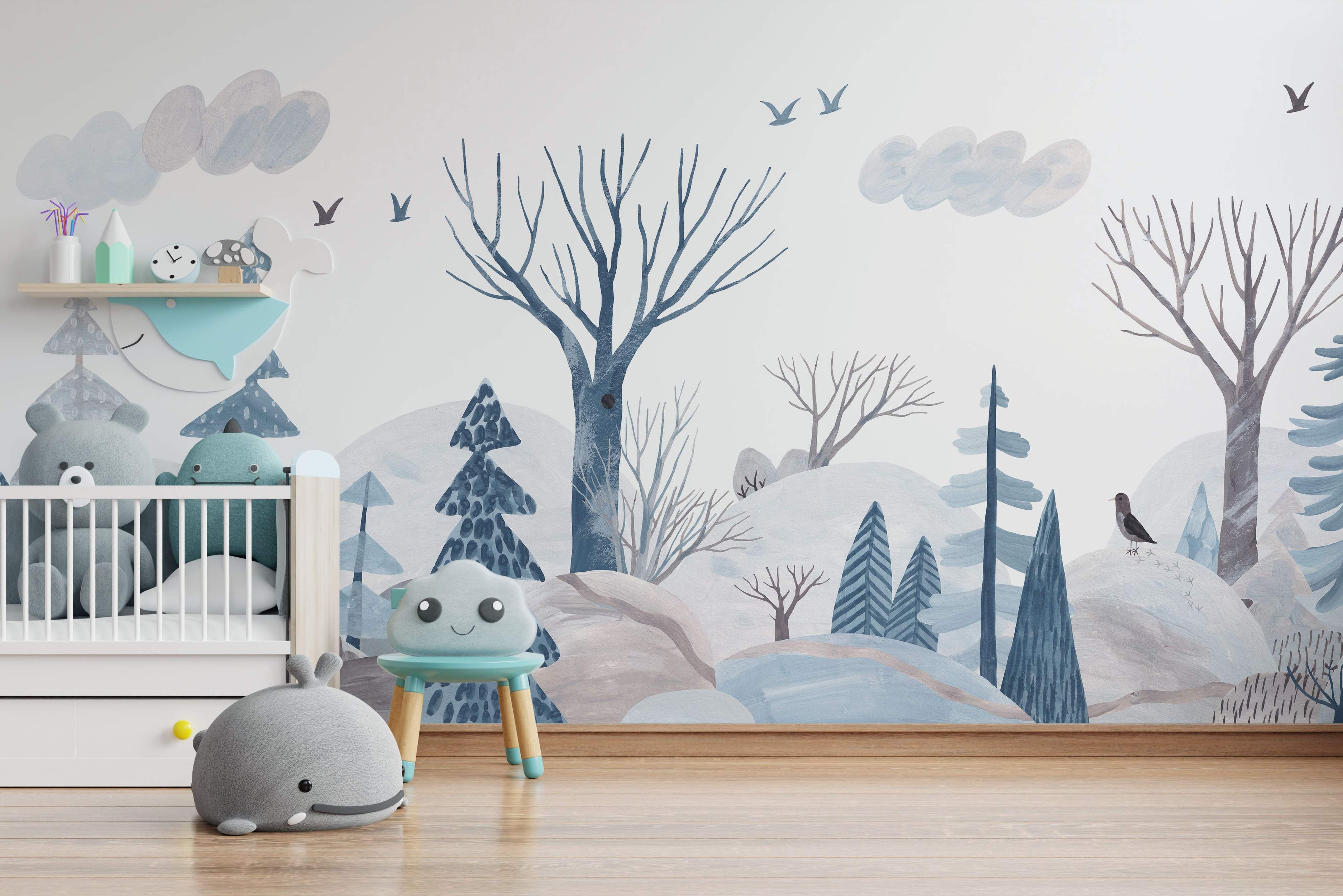Painted mural of a stylized winter forest landscape with bare trees, pines, hills, and birds in muted blue and gray hues.