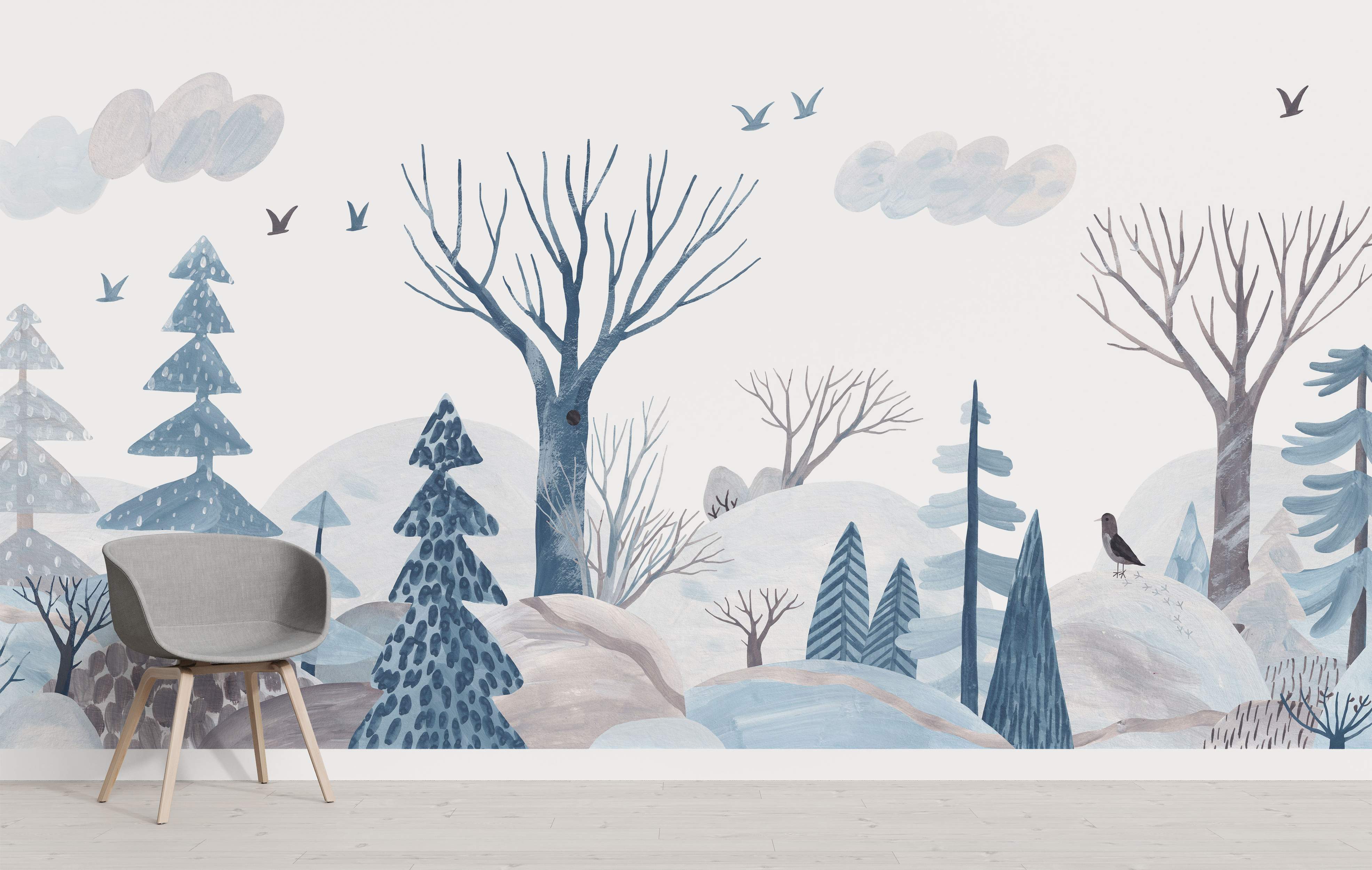Painted mural of a serene winter forest landscape. Features stylized trees, snowy hills, and birds in muted blue and gray tones.