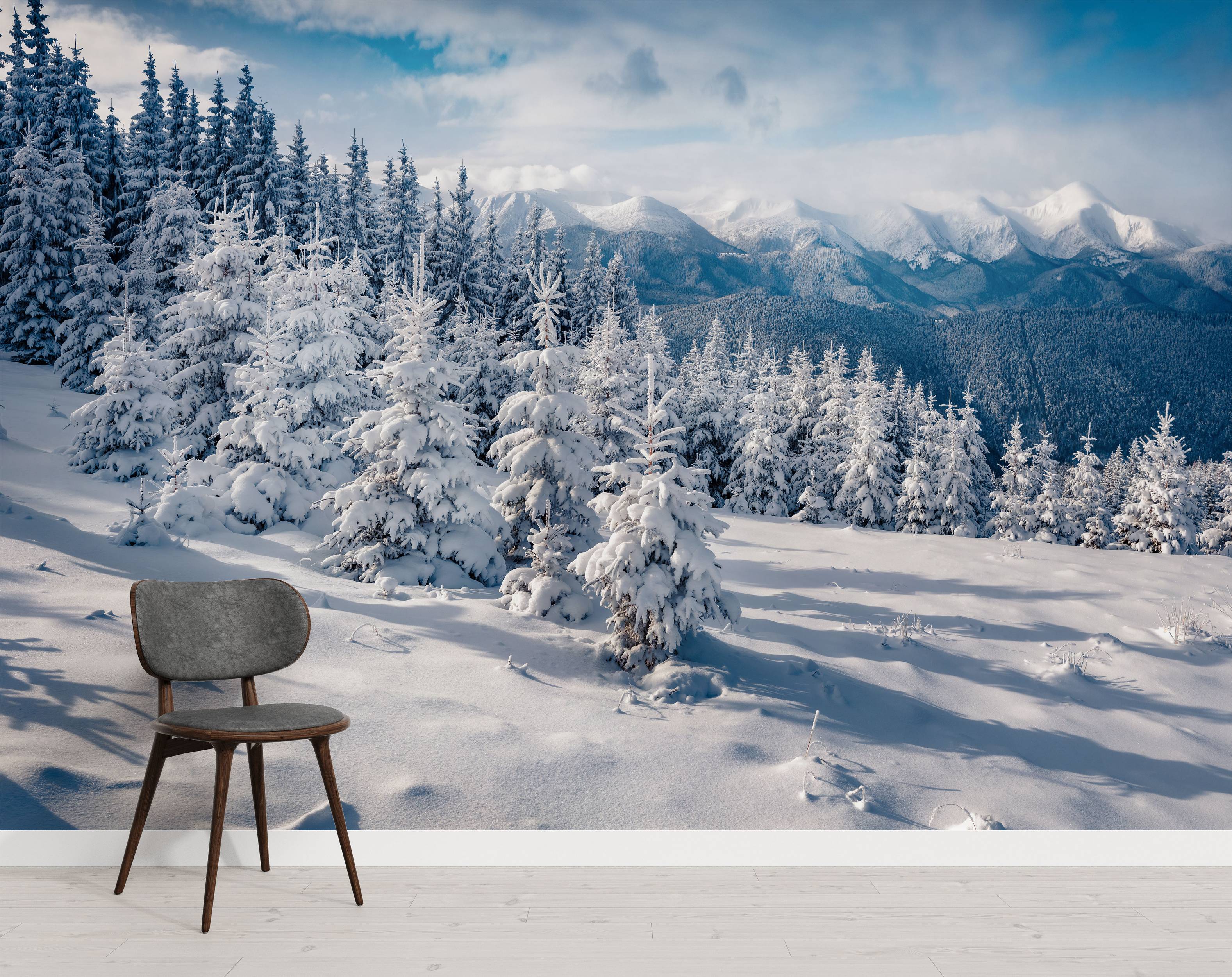 A scenic wall mural of a snow-covered mountain range and a pine forest under a blue sky with clouds.