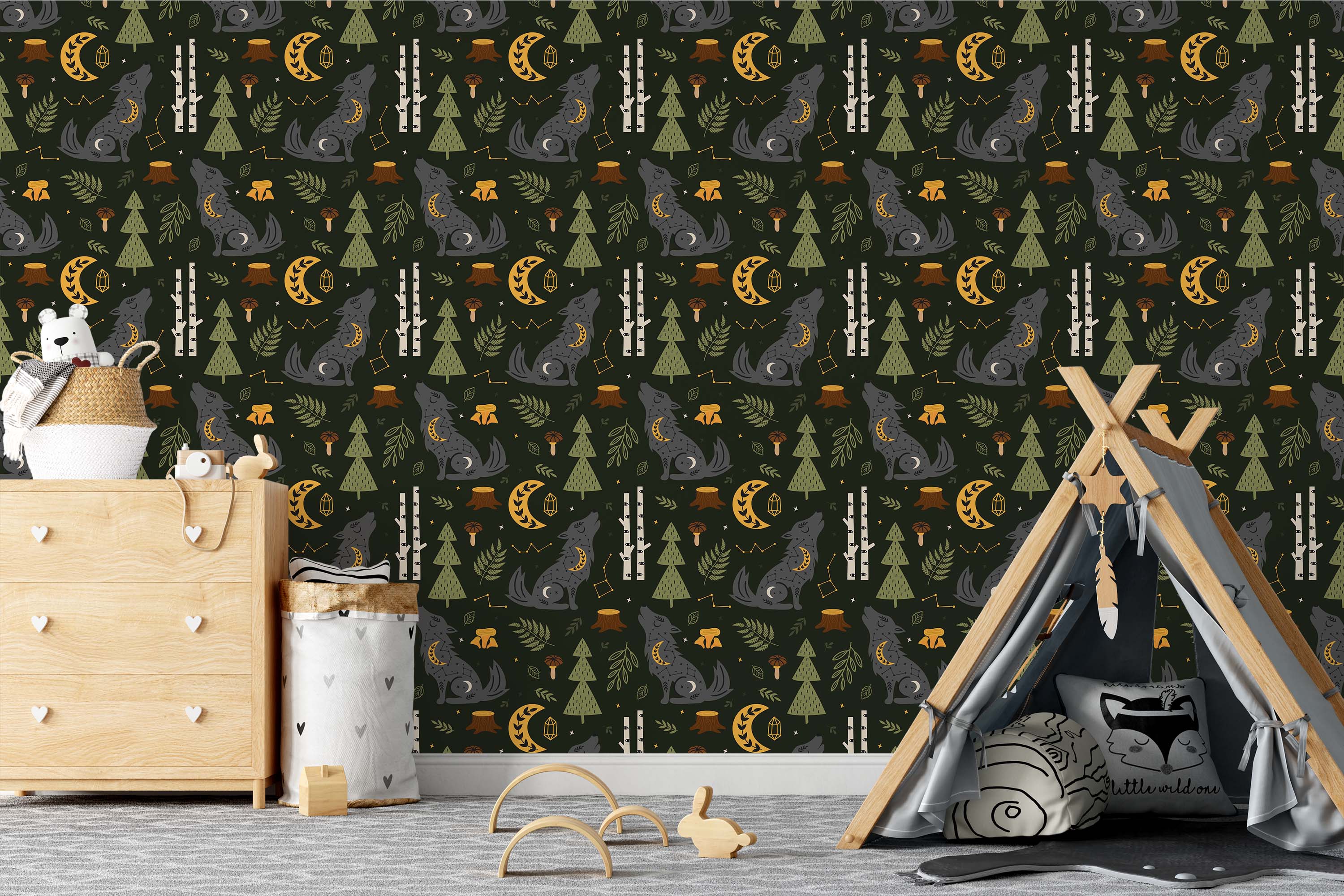 Whimsical forest wallpaper with gray howling wolves, green trees, yellow moons, and constellations on a dark background.