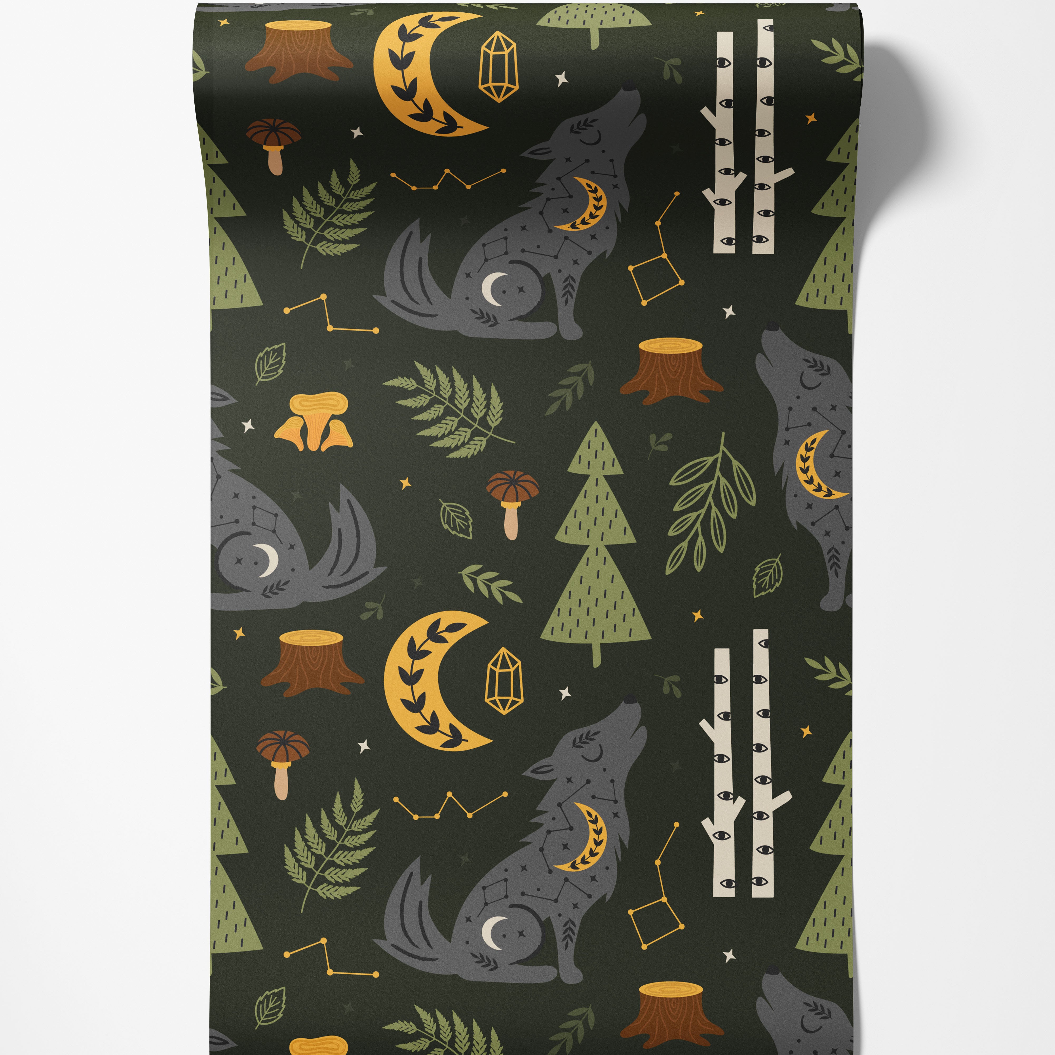 Mystical woodland wallpaper with a pattern of celestial gray wolves, yellow moons, stars, and forest foliage on a dark green background.