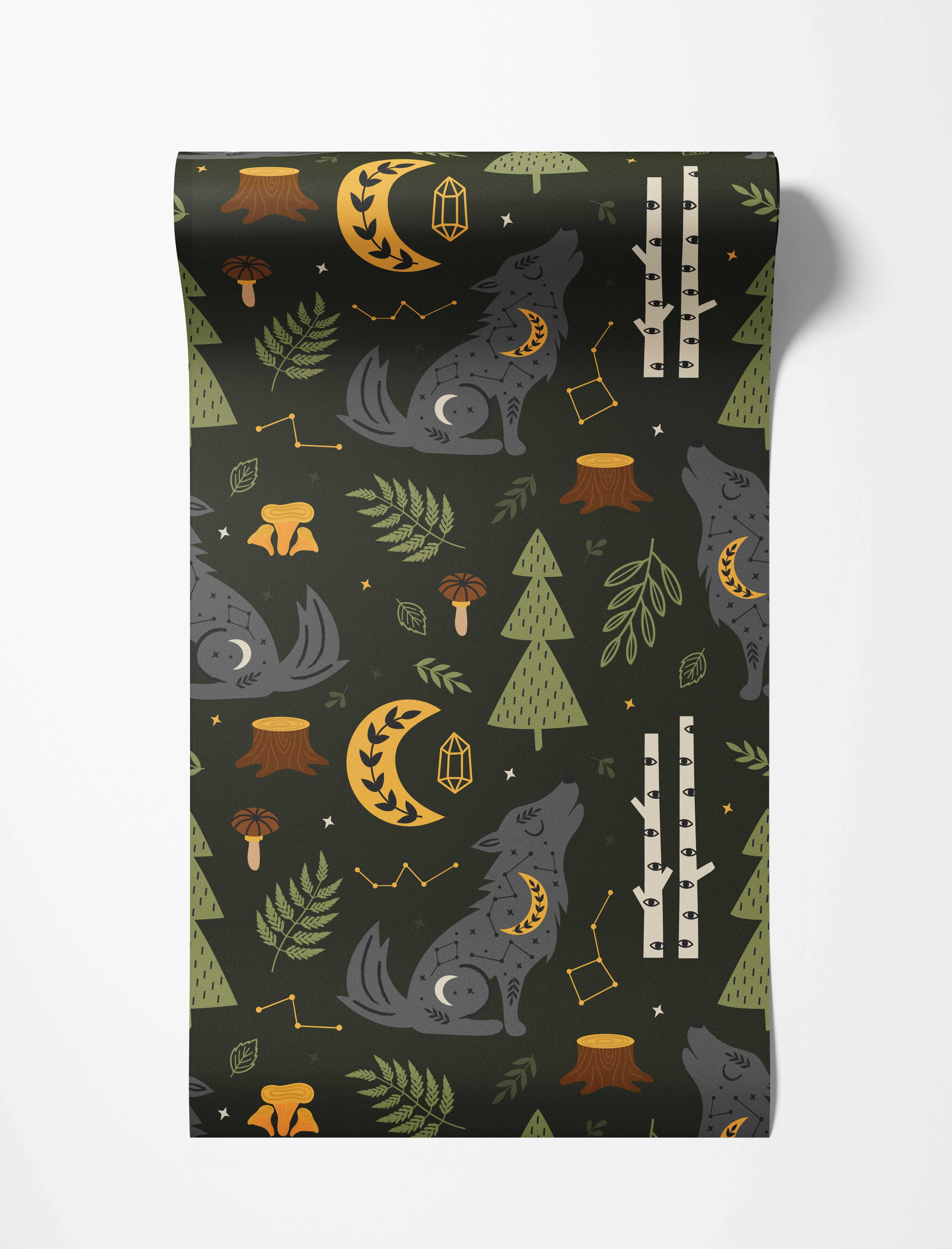 Mystical woodland wallpaper with a pattern of celestial gray wolves, yellow moons, stars, and forest foliage on a dark green background.