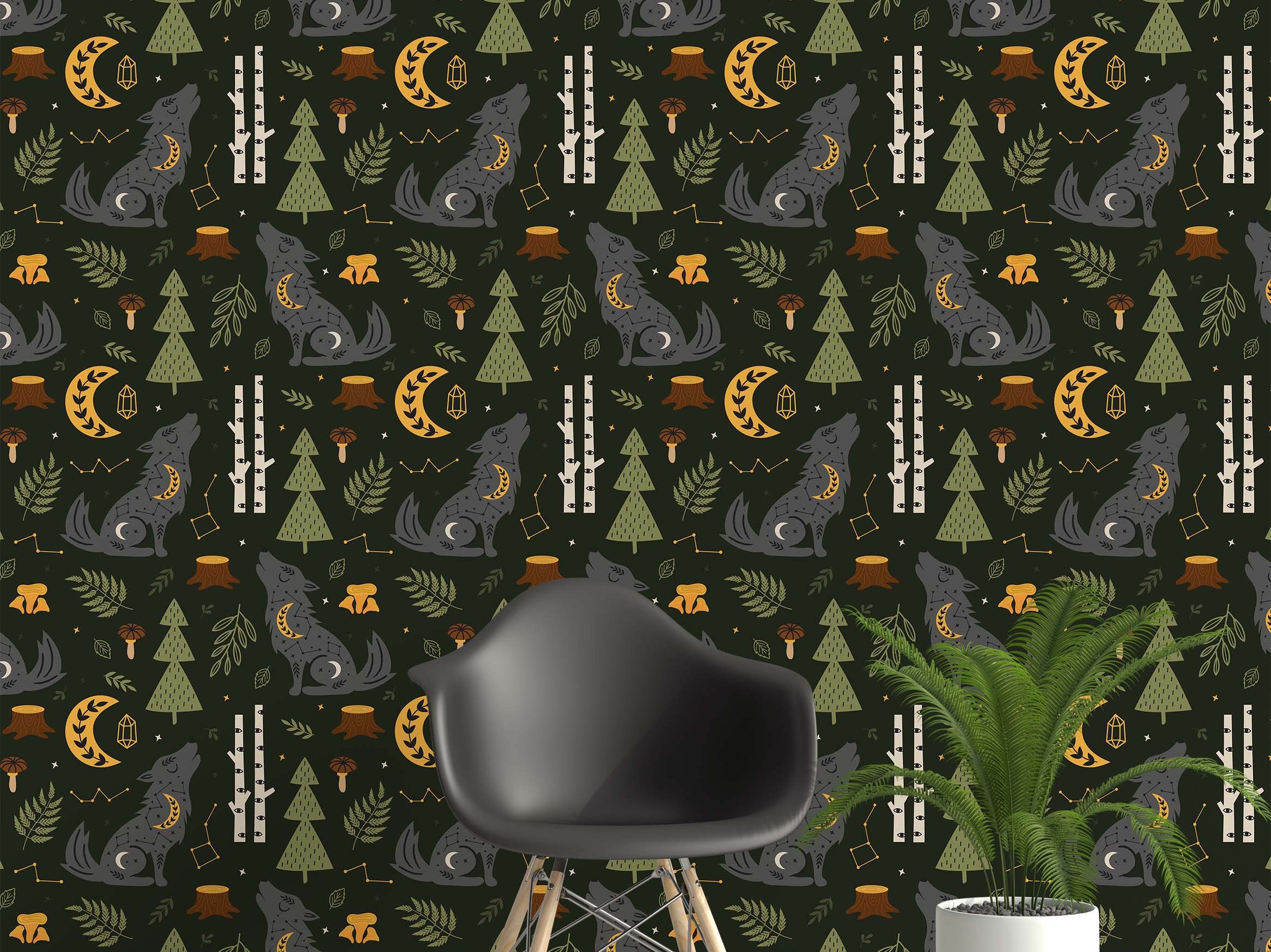 Whimsical forest wallpaper with stylized howling wolves, crescent moons, and trees in gray, green, and yellow on a dark background.