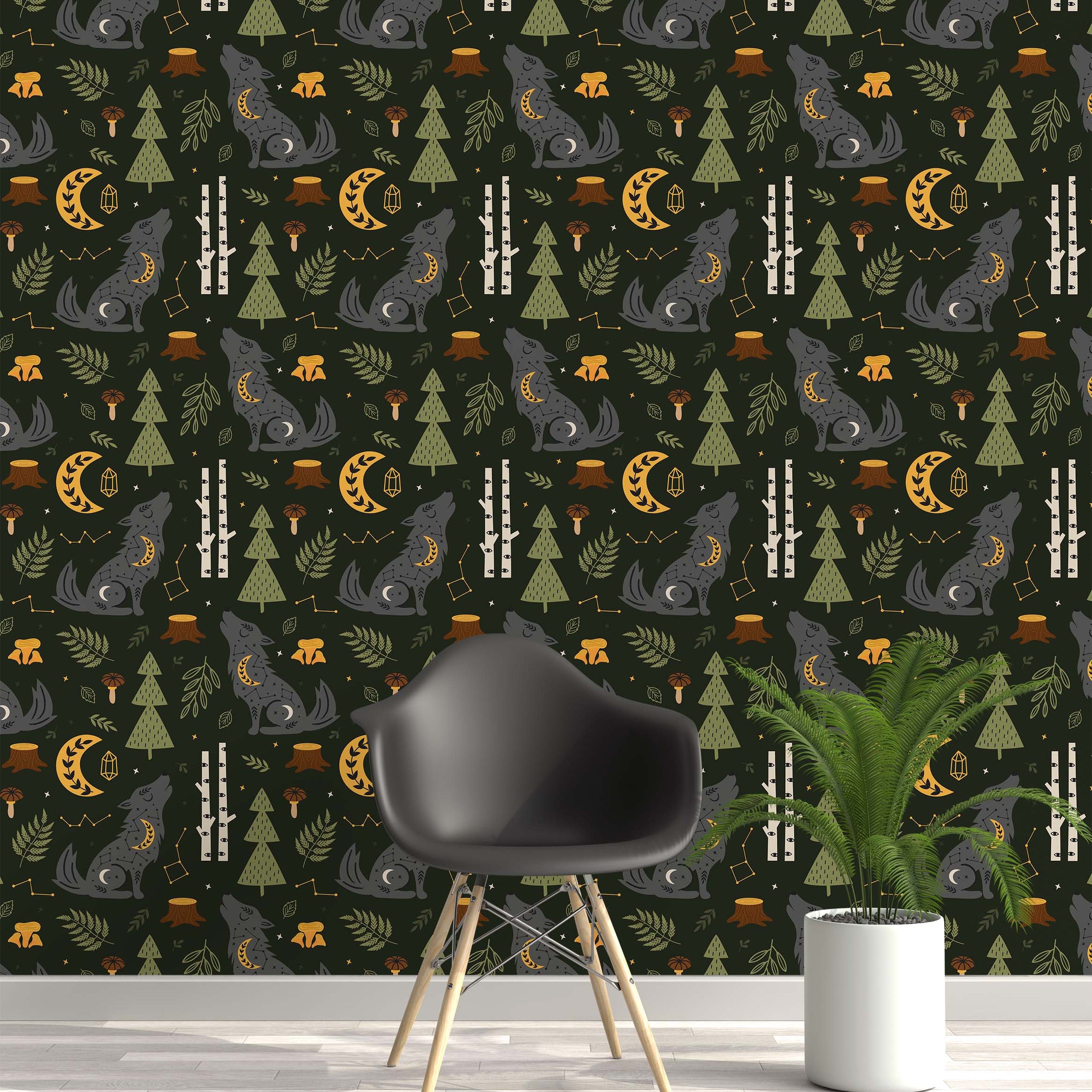 Whimsical forest wallpaper with stylized howling wolves, crescent moons, and trees in gray, green, and yellow on a dark background.