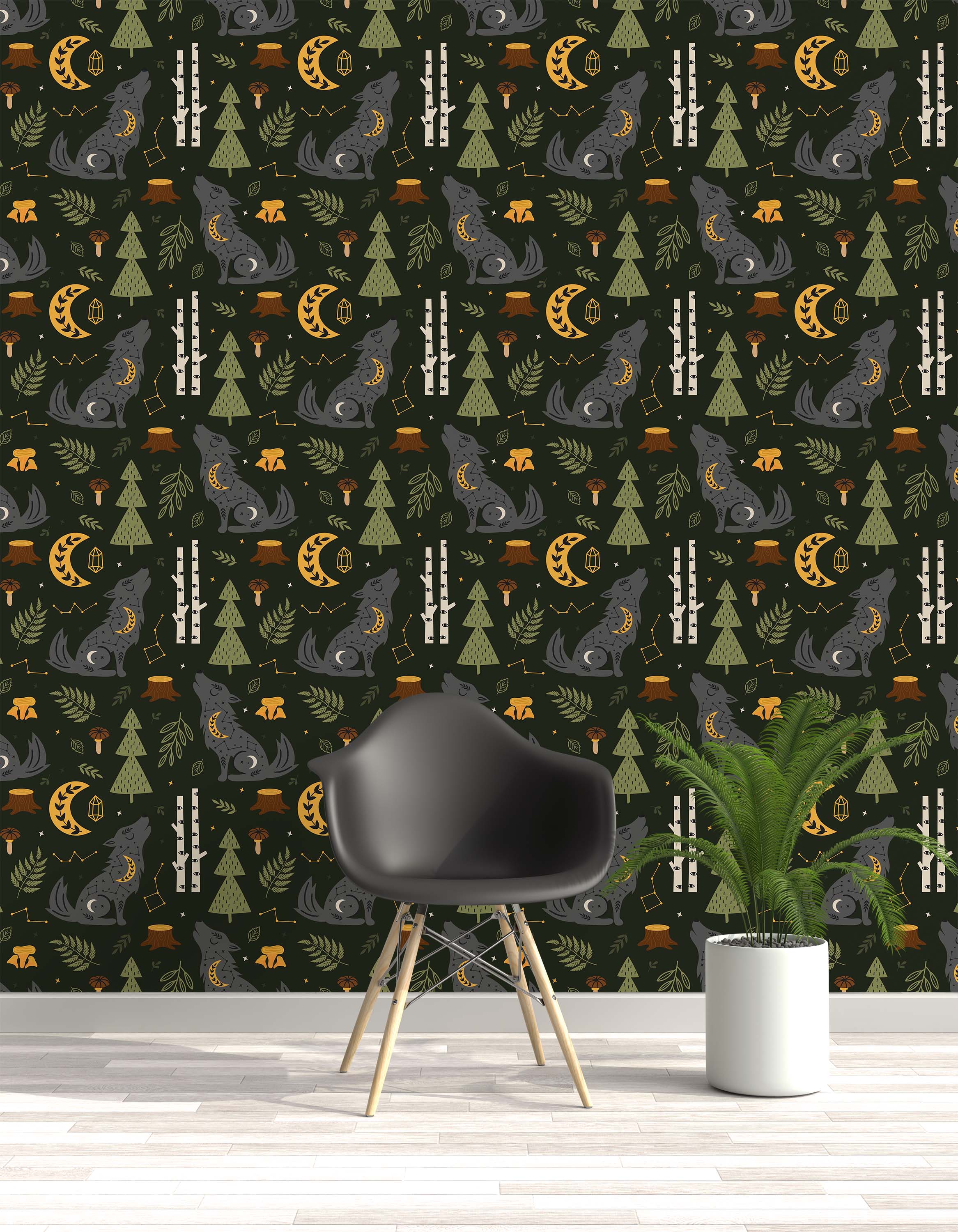 Whimsical forest wallpaper with stylized howling wolves, crescent moons, and trees in gray, green, and yellow on a dark background.