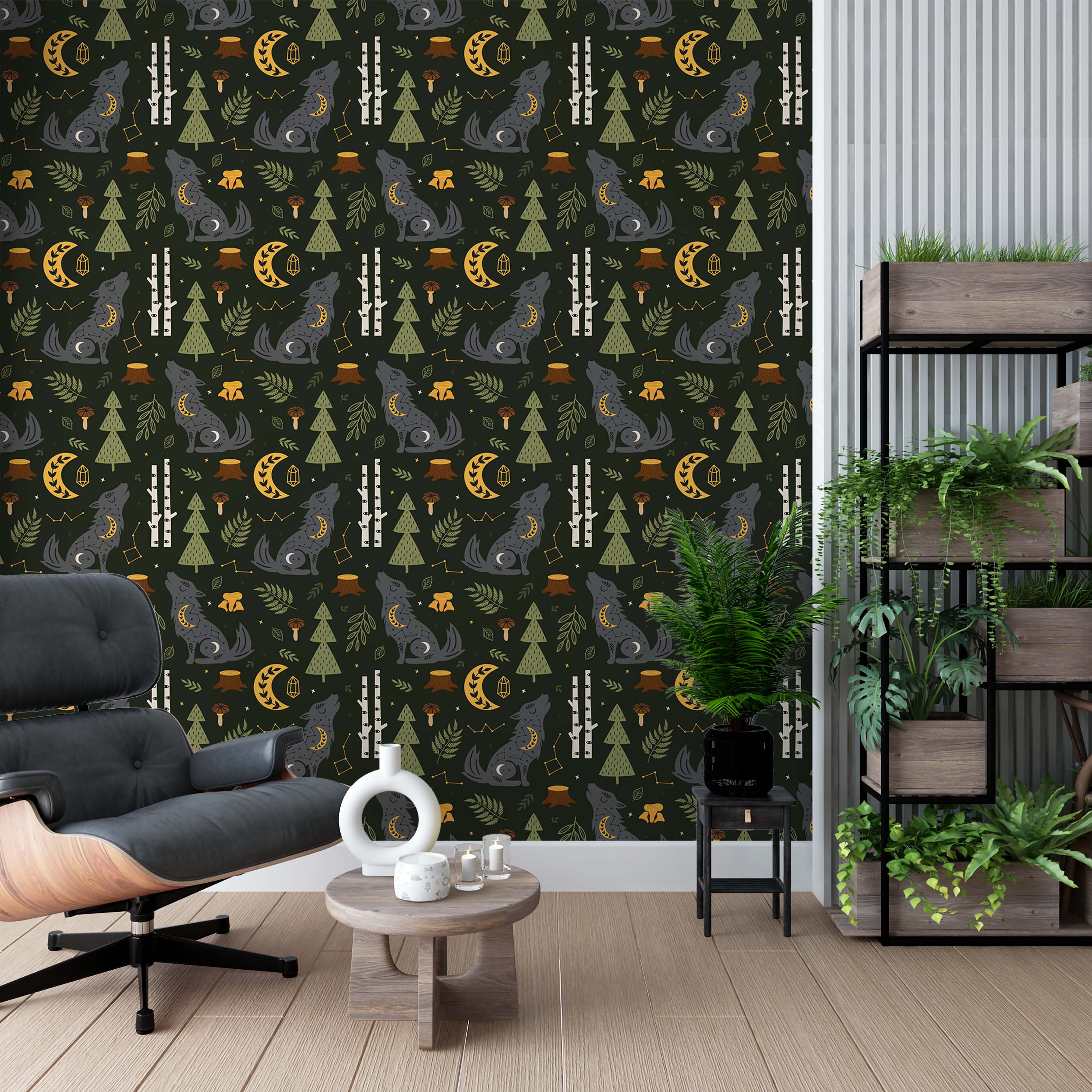 Whimsical forest wallpaper with a pattern of howling wolves, crescent moons, trees, and constellations on a dark green background.