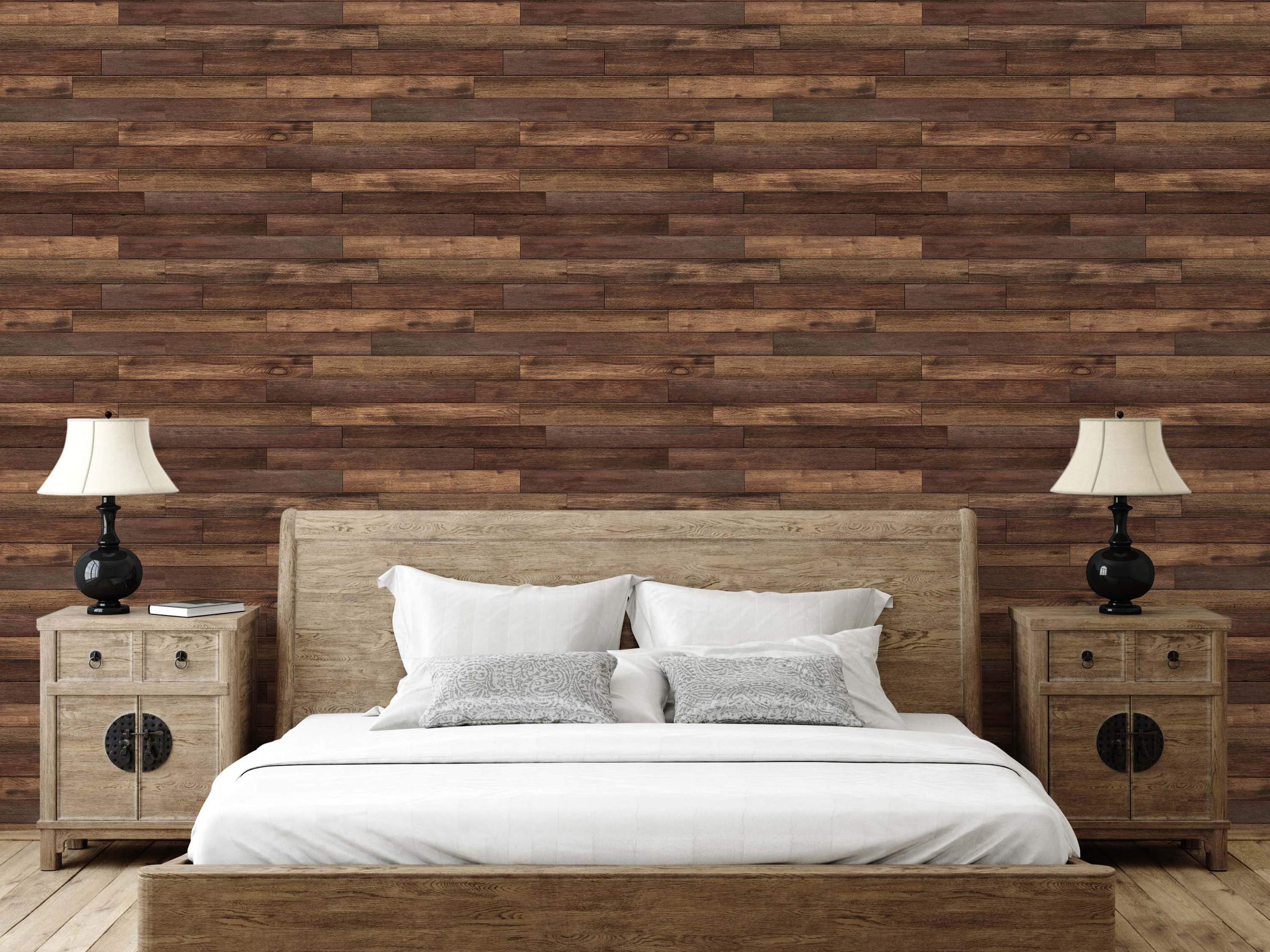 Wallpaper featuring horizontal wood planks in varied shades of brown, creating a realistic wood grain pattern.