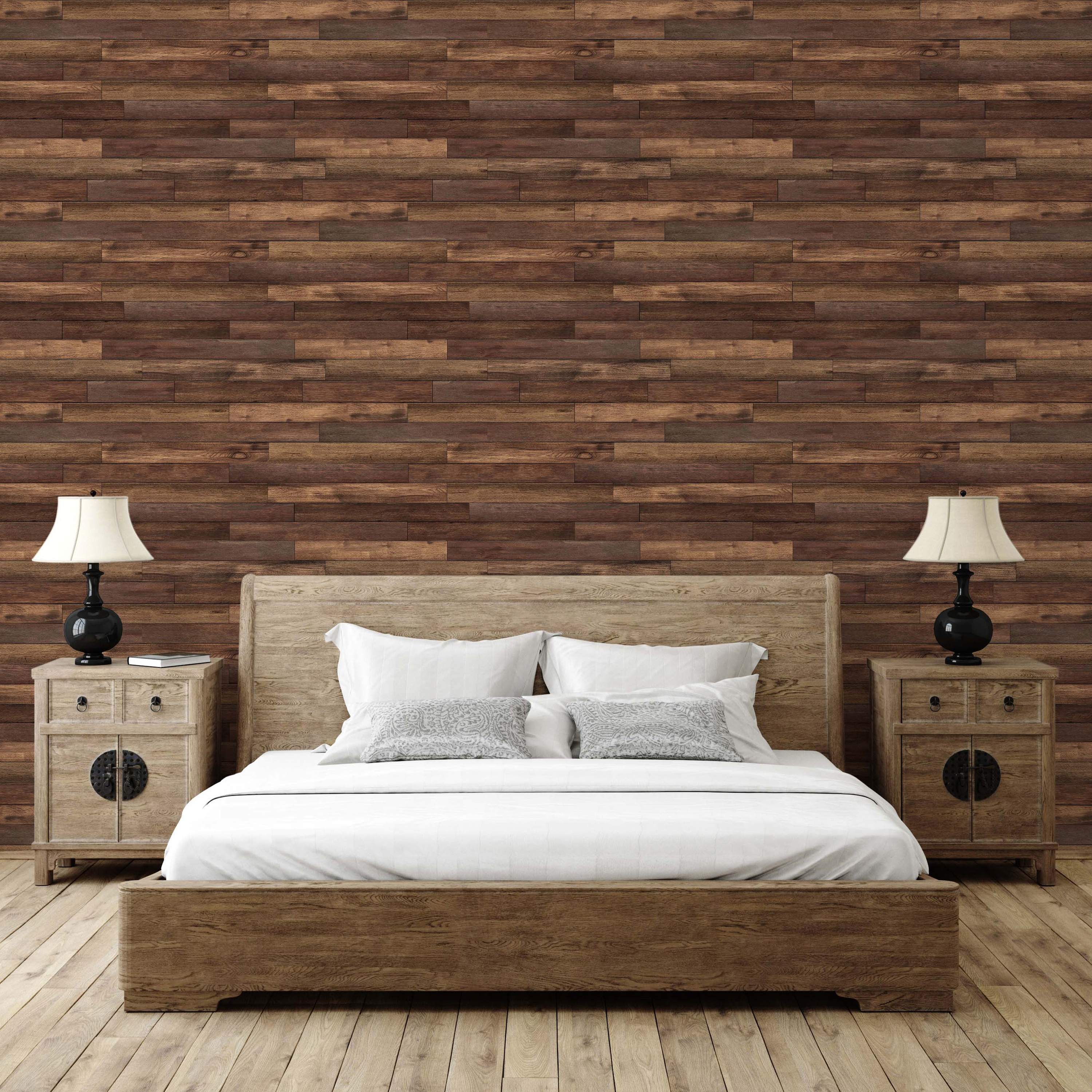 Wallpaper featuring horizontal wood planks in varied shades of brown, creating a realistic wood grain pattern.