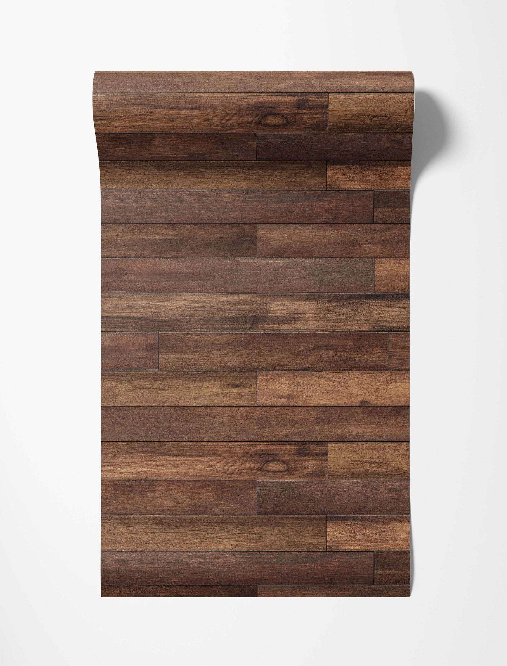 Wallpaper featuring a realistic dark brown wood plank pattern with a staggered horizontal layout.