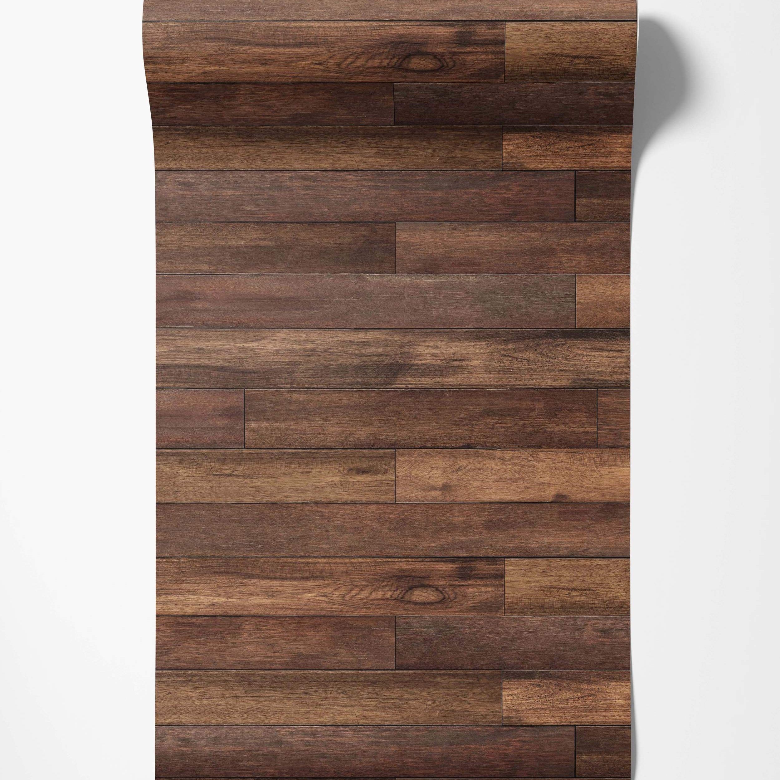 Wallpaper featuring a realistic dark brown wood plank pattern with a staggered horizontal layout.
