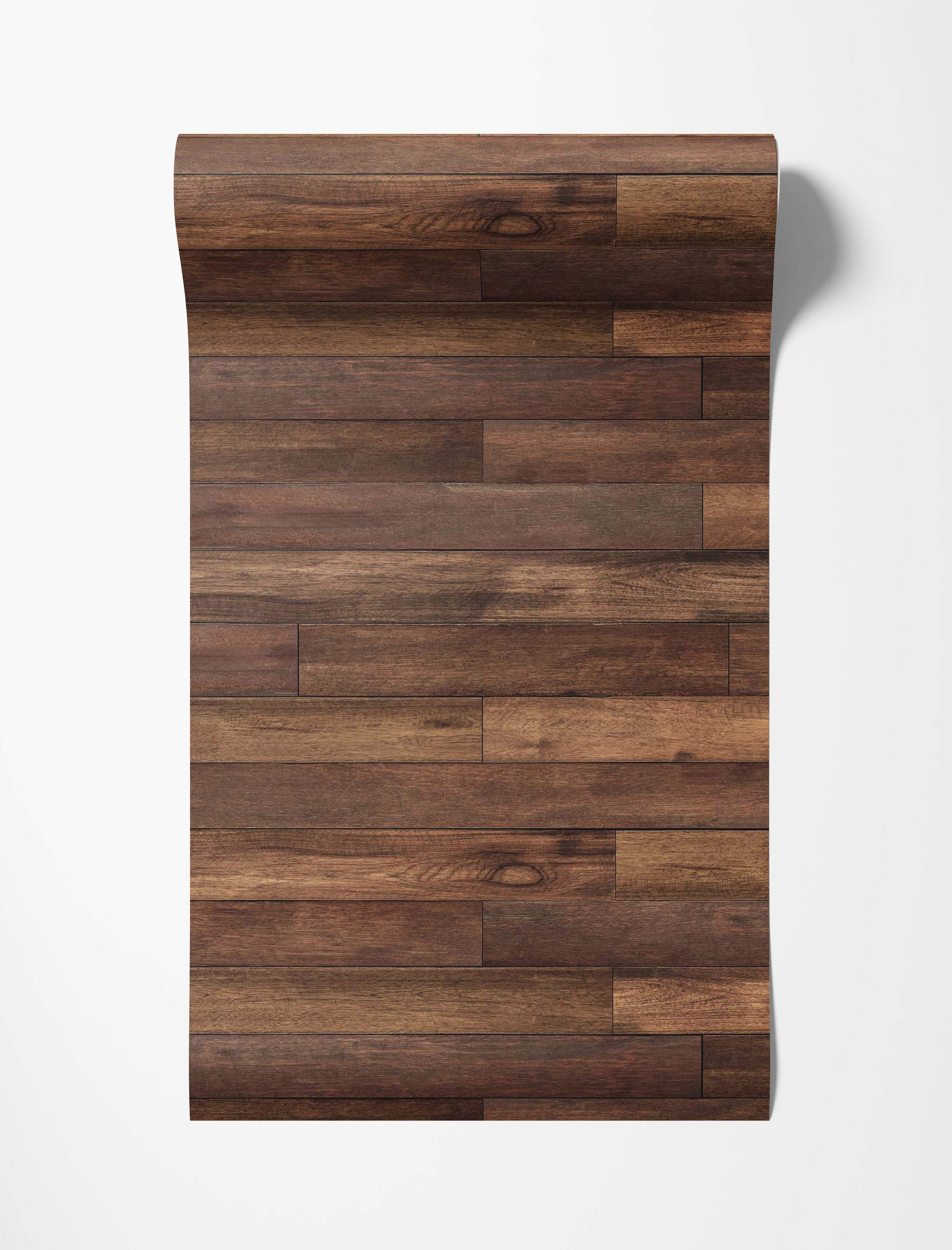 Wallpaper featuring a realistic dark brown wood plank pattern with a staggered horizontal layout.