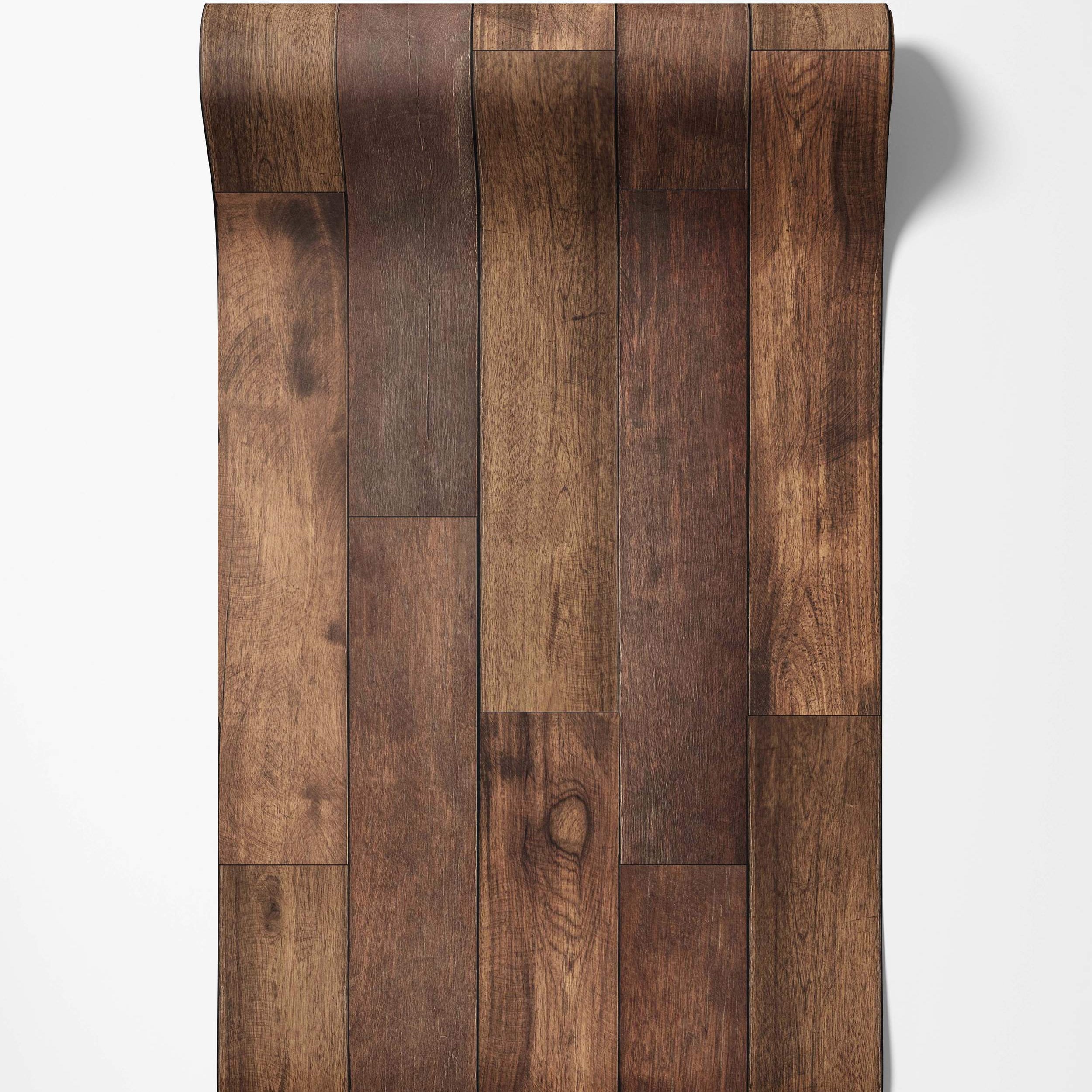 Wallpaper roll displaying a realistic pattern of varied dark brown vertical wood planks with visible grain and knots.