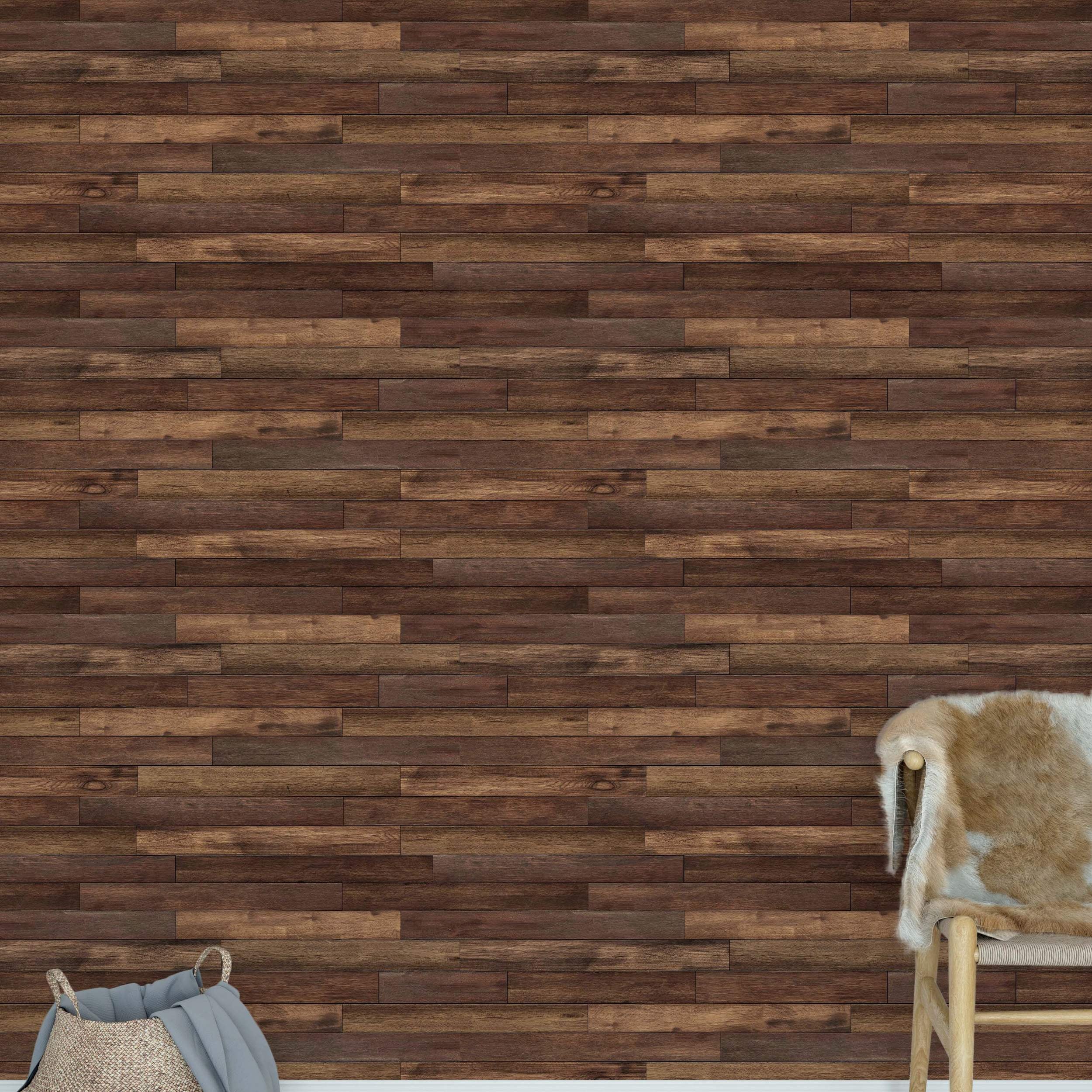 Rustic dark brown horizontal wood plank wallpaper with varying distressed grain textures.