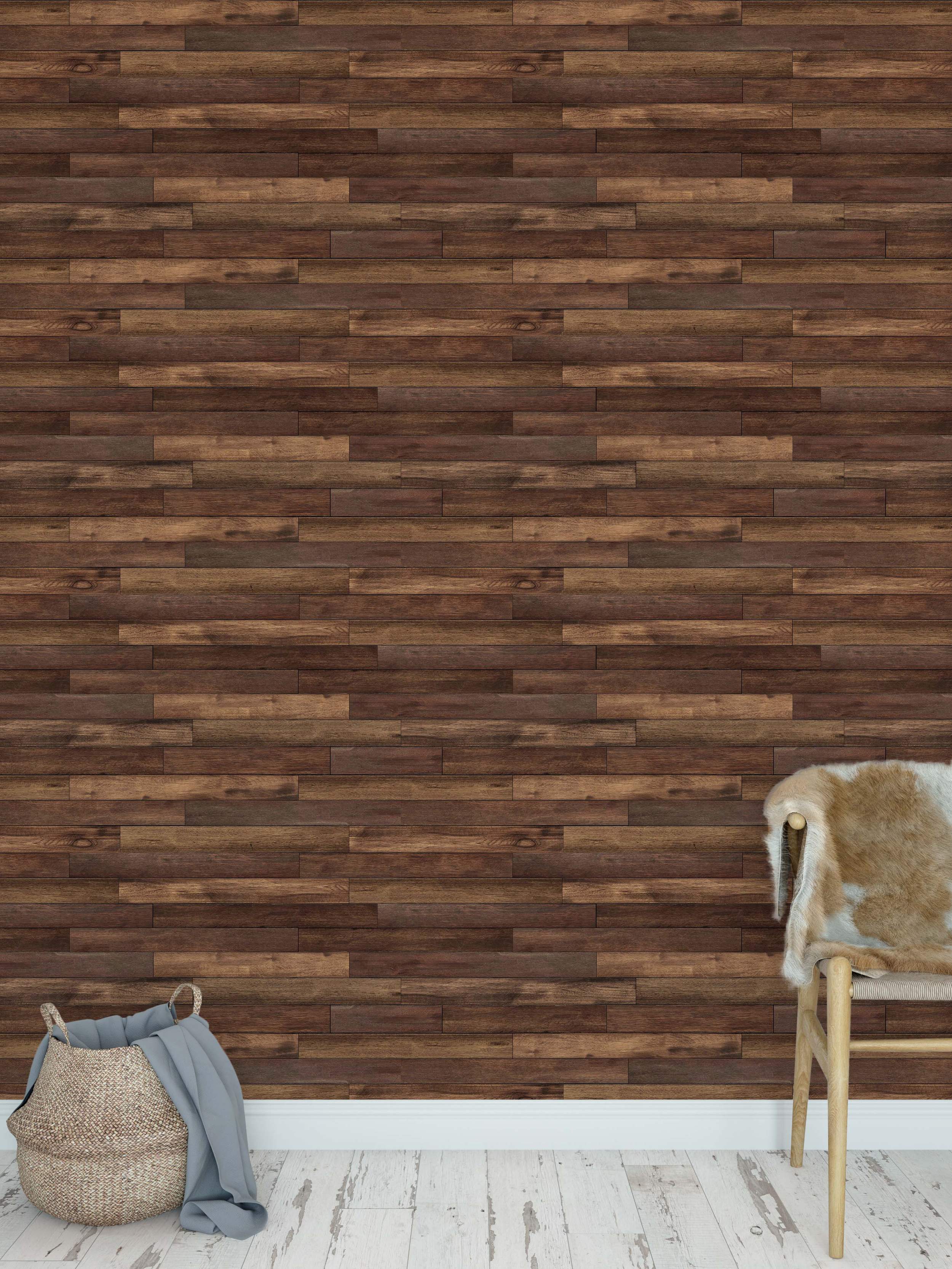 Rustic dark brown horizontal wood plank wallpaper with varying distressed grain textures.