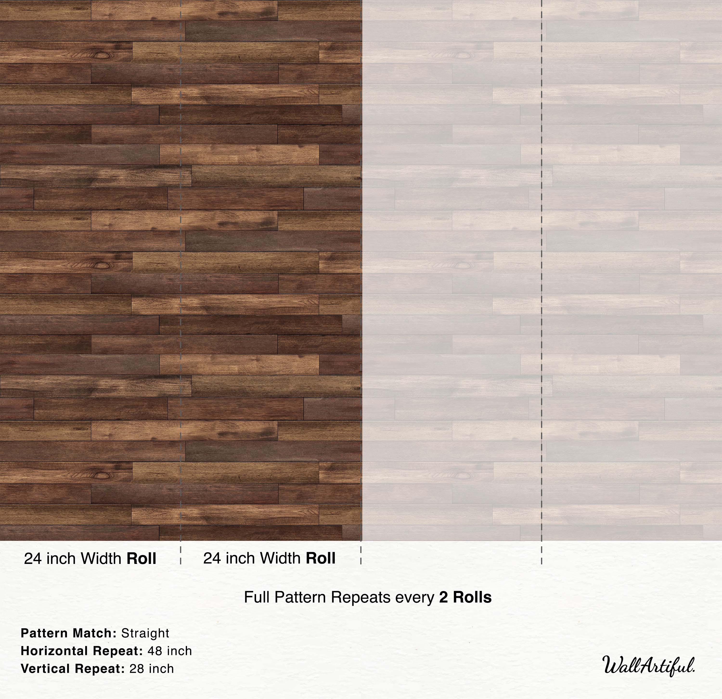 Wallpaper featuring realistic horizontal wood planks in varying shades of dark and medium brown with a straight pattern match.