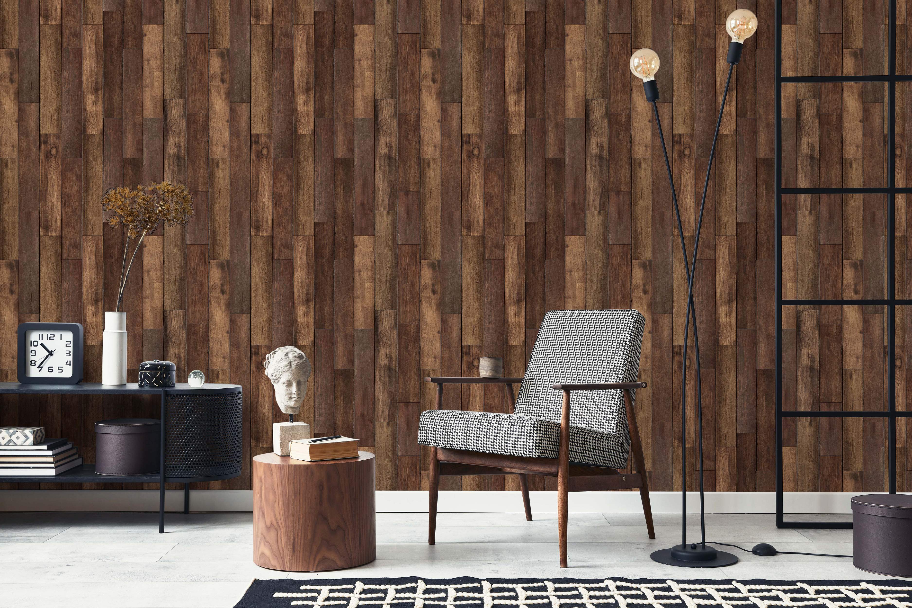 Wallpaper featuring a realistic design of vertical dark brown wooden planks with visible wood grain texture.
