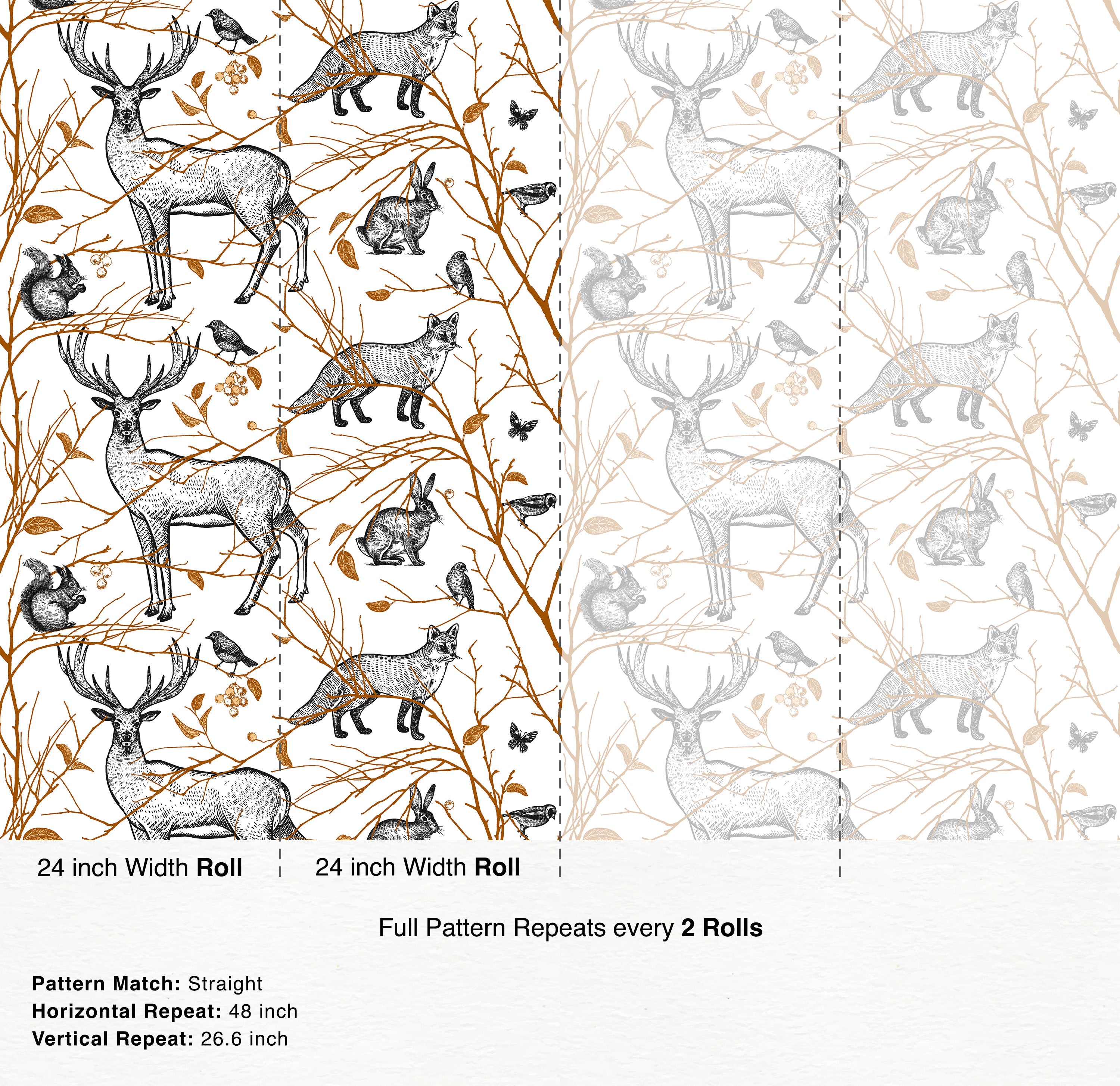 Sketch style wallpaper with brown and black woodland animals like deer, foxes, and rabbits amidst branches on a white background.