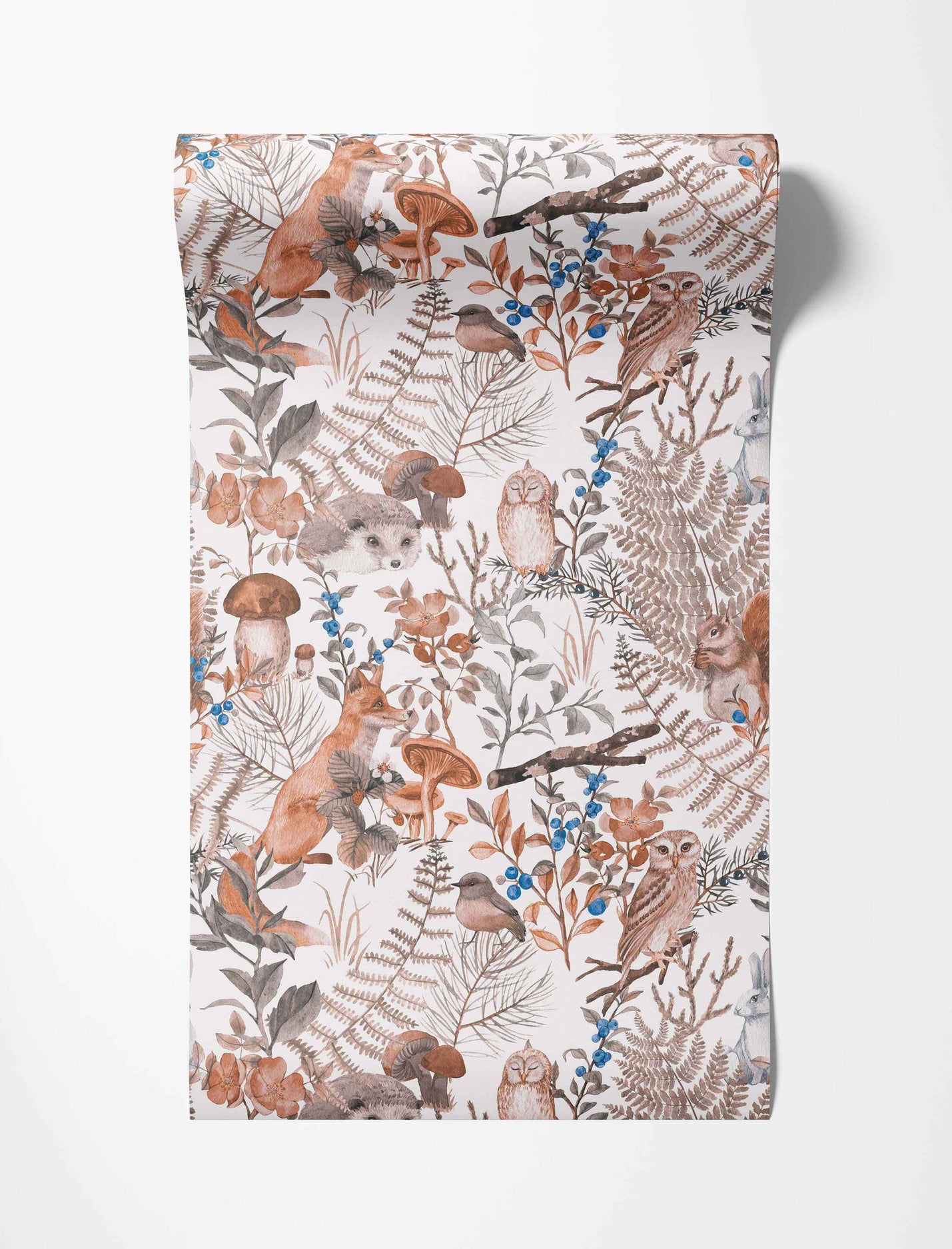 Illustrated woodland wallpaper featuring foxes, owls, squirrels, and plants in muted brown, orange, gray, and blue.