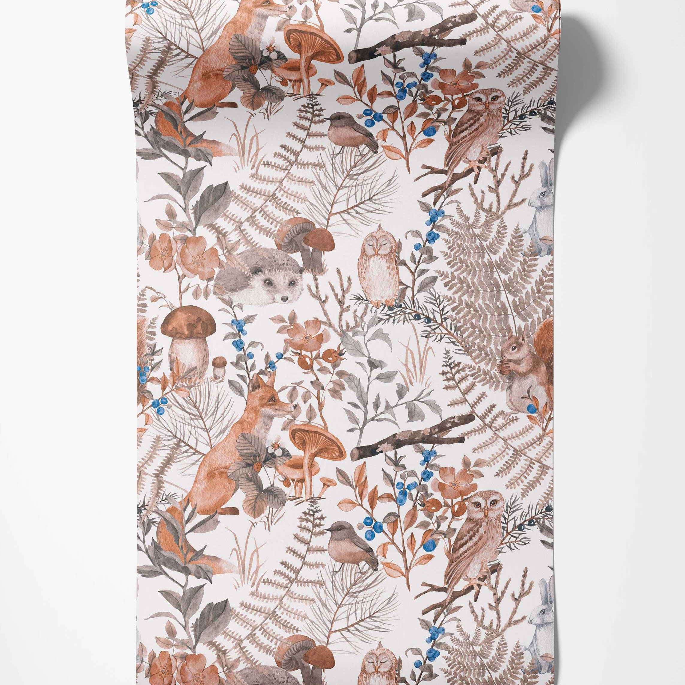 Illustrated woodland wallpaper featuring foxes, owls, squirrels, and plants in muted brown, orange, gray, and blue.