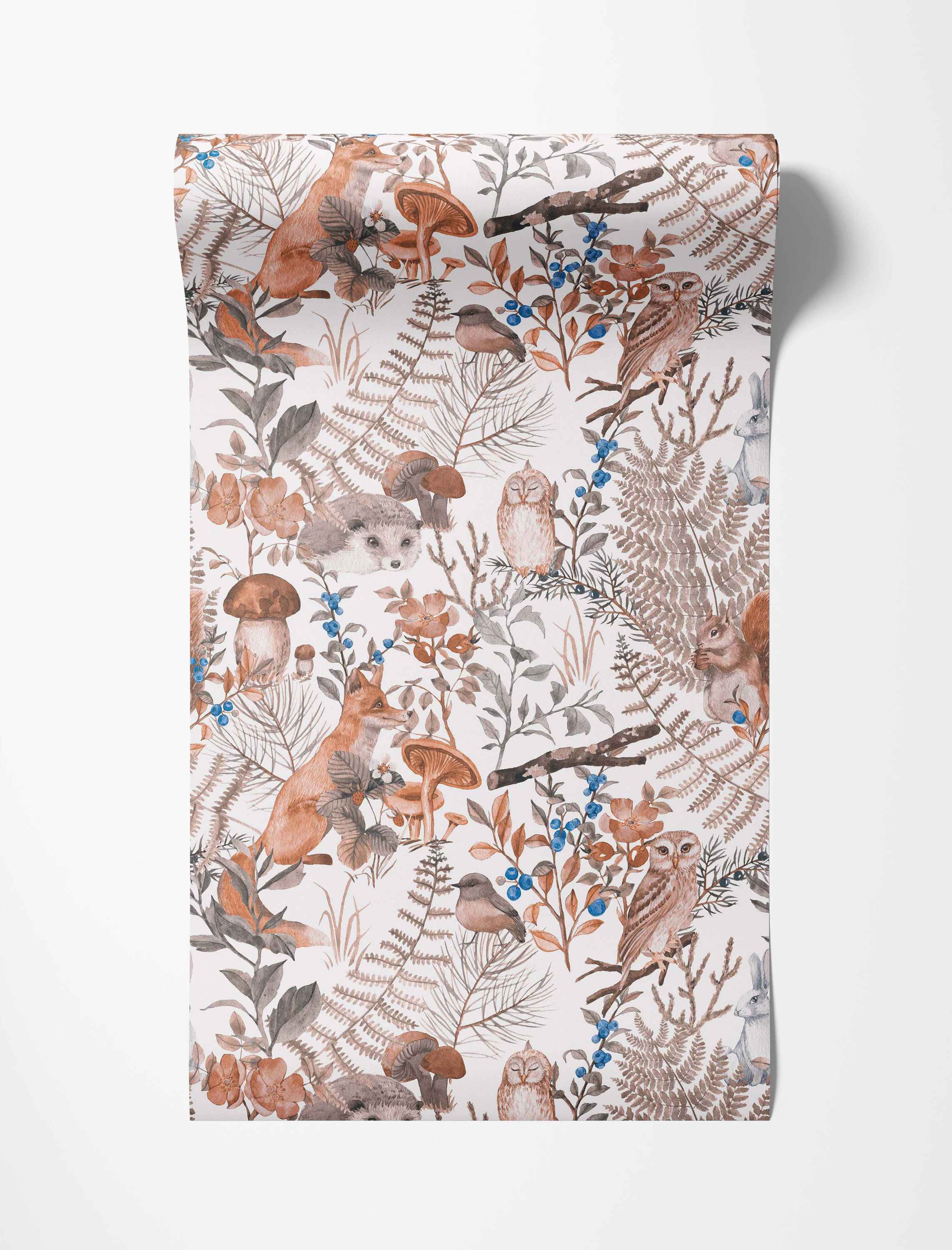 Illustrated woodland wallpaper featuring foxes, owls, squirrels, and plants in muted brown, orange, gray, and blue.