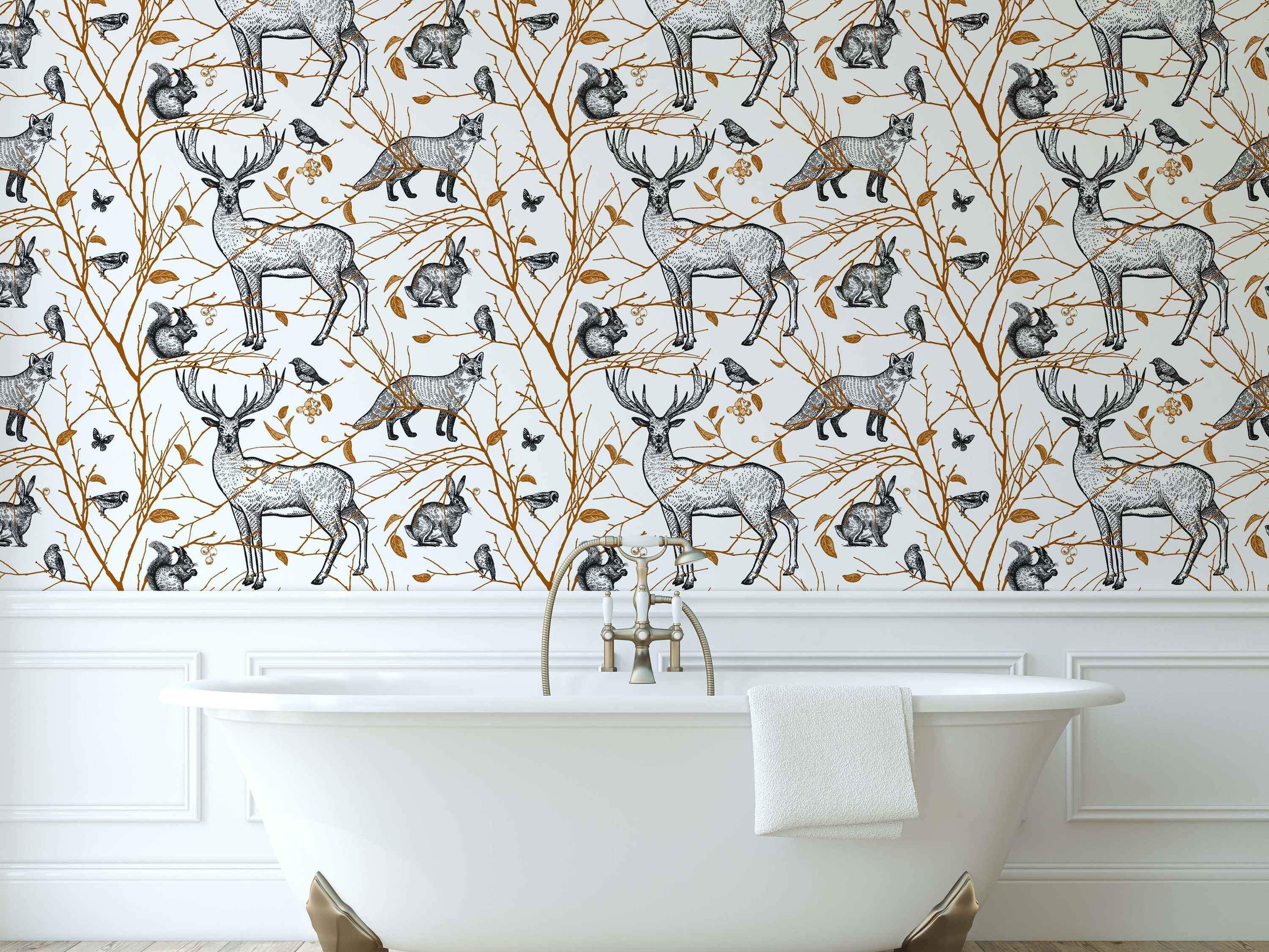 Wallpaper featuring black and white sketched woodland animals like deer, foxes, and rabbits among brown branches on a white field.