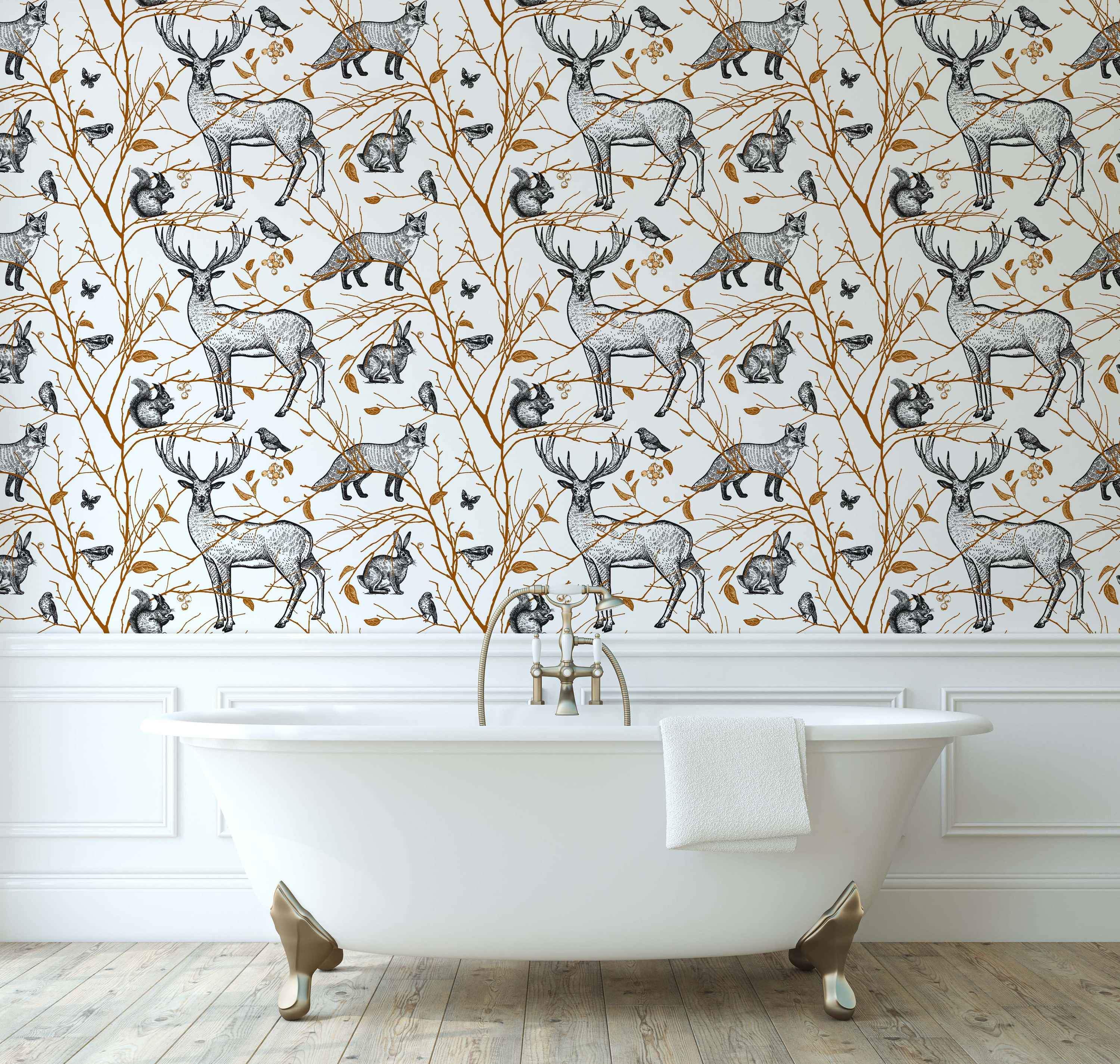 Wallpaper featuring black and white sketched woodland animals like deer, foxes, and rabbits among brown branches on a white field.