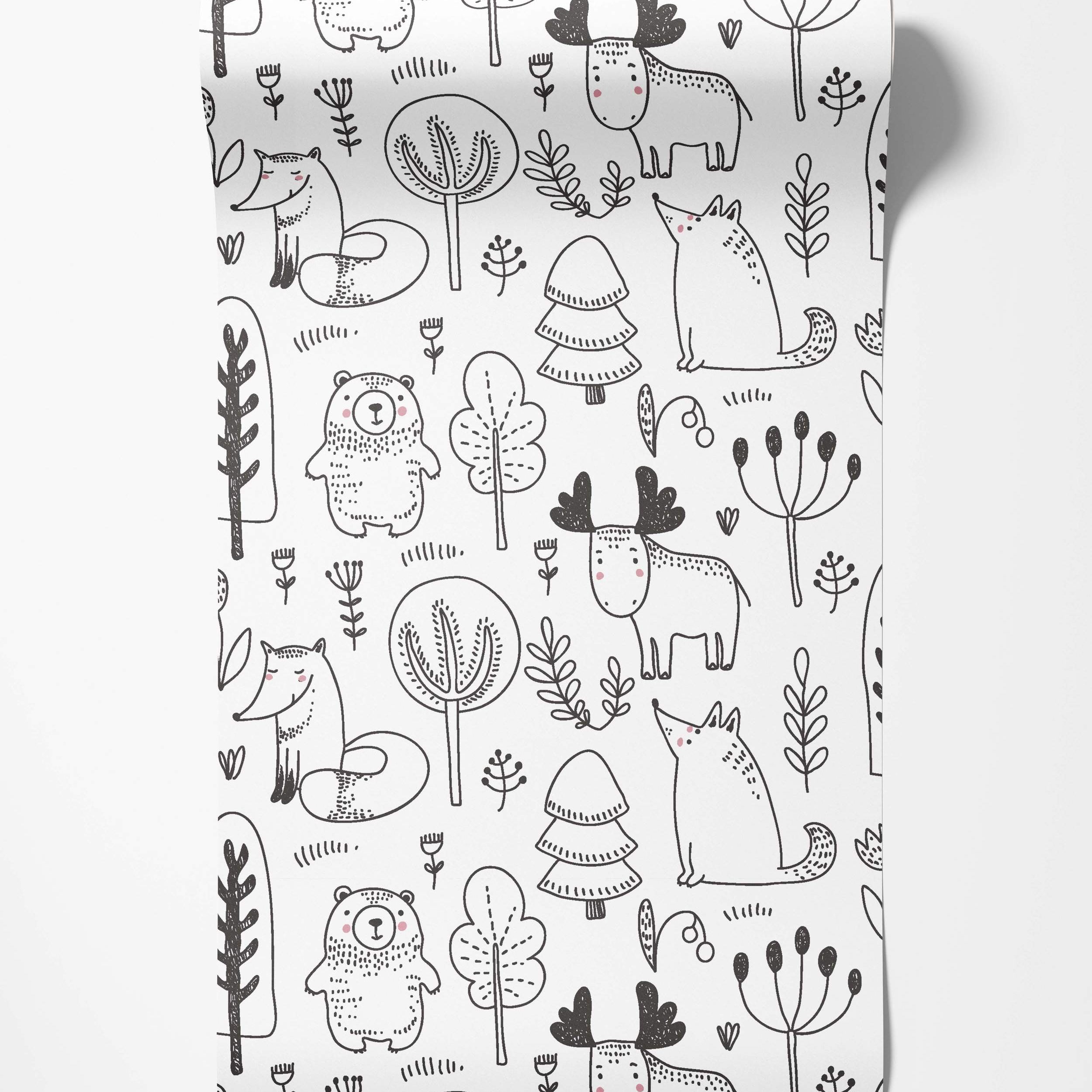 Hand-drawn black and white woodland wallpaper with illustrated foxes, bears, moose, and trees on a white background.