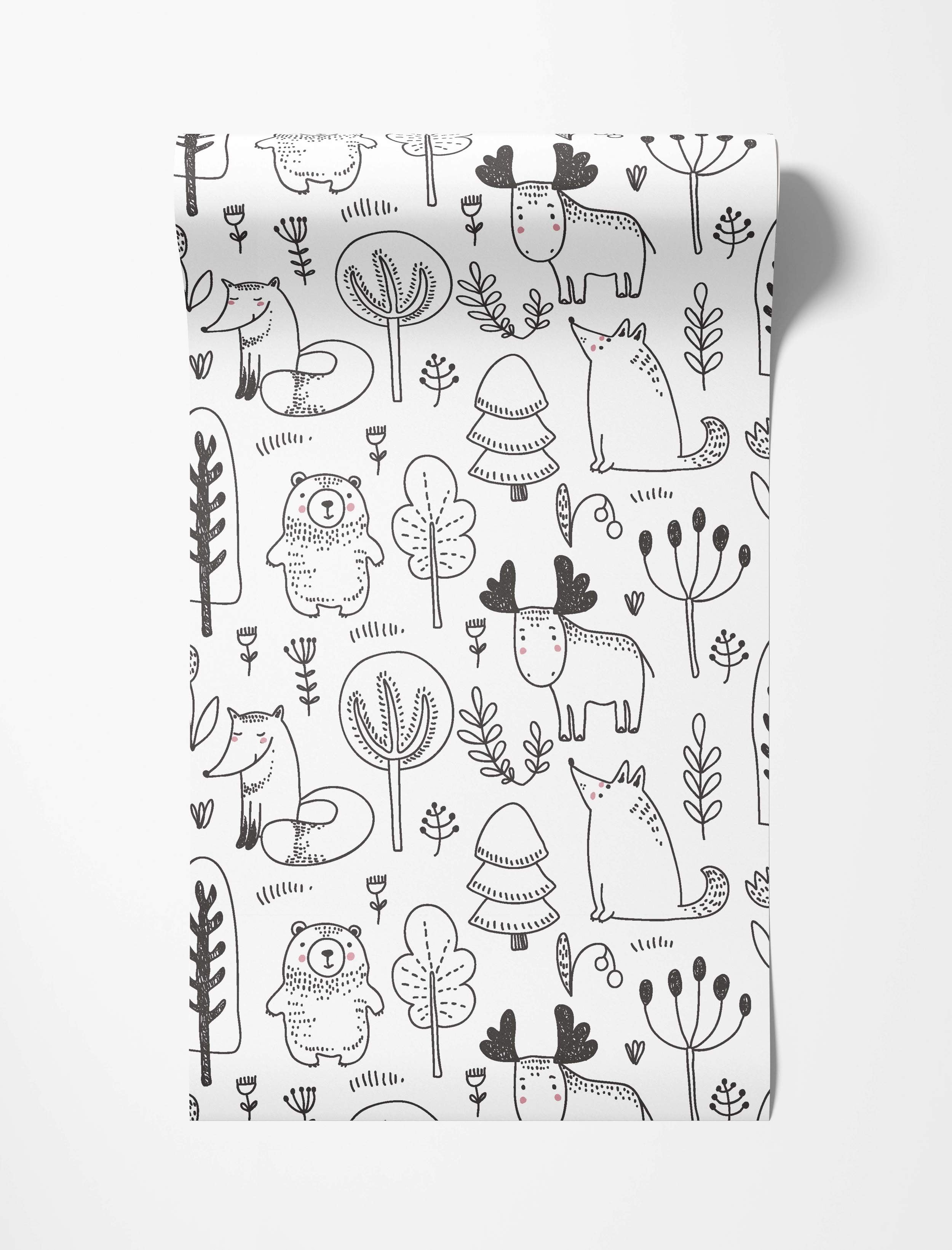 Hand-drawn black and white woodland wallpaper with illustrated foxes, bears, moose, and trees on a white background.