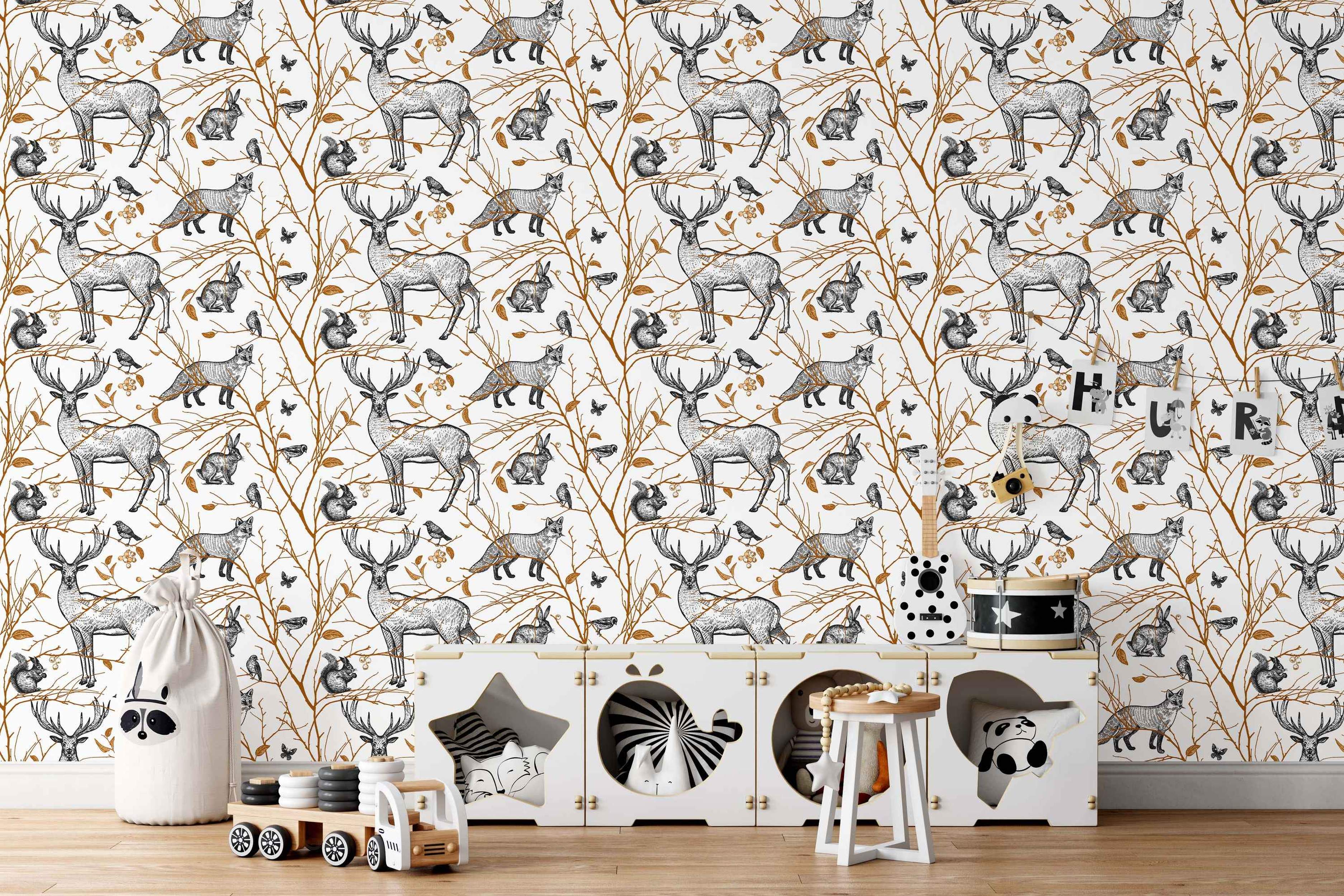 Wallpaper featuring black illustrated woodland animals like deer, foxes, and rabbits amidst brown branches on a white background.