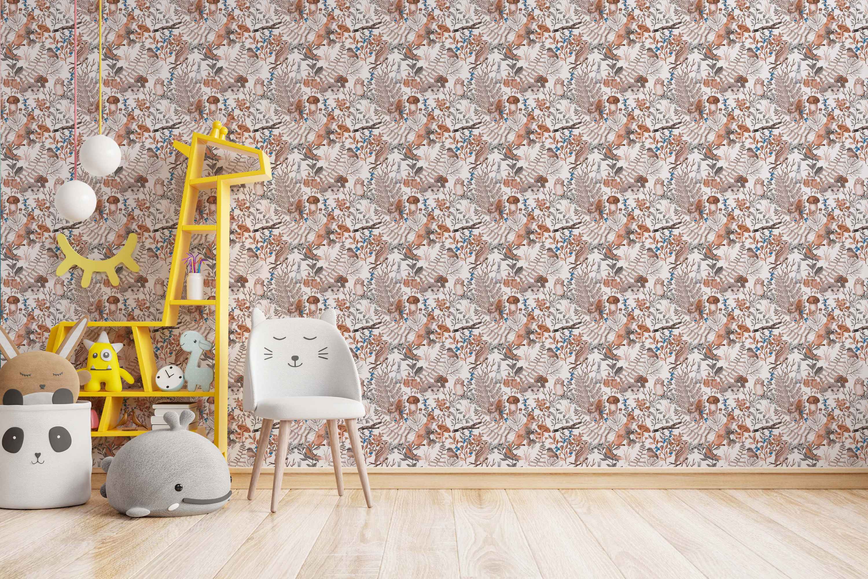 Illustrated woodland animal wallpaper featuring foxes, owls, squirrels, rabbits, and hedgehogs among ferns, mushrooms, and blue berries.