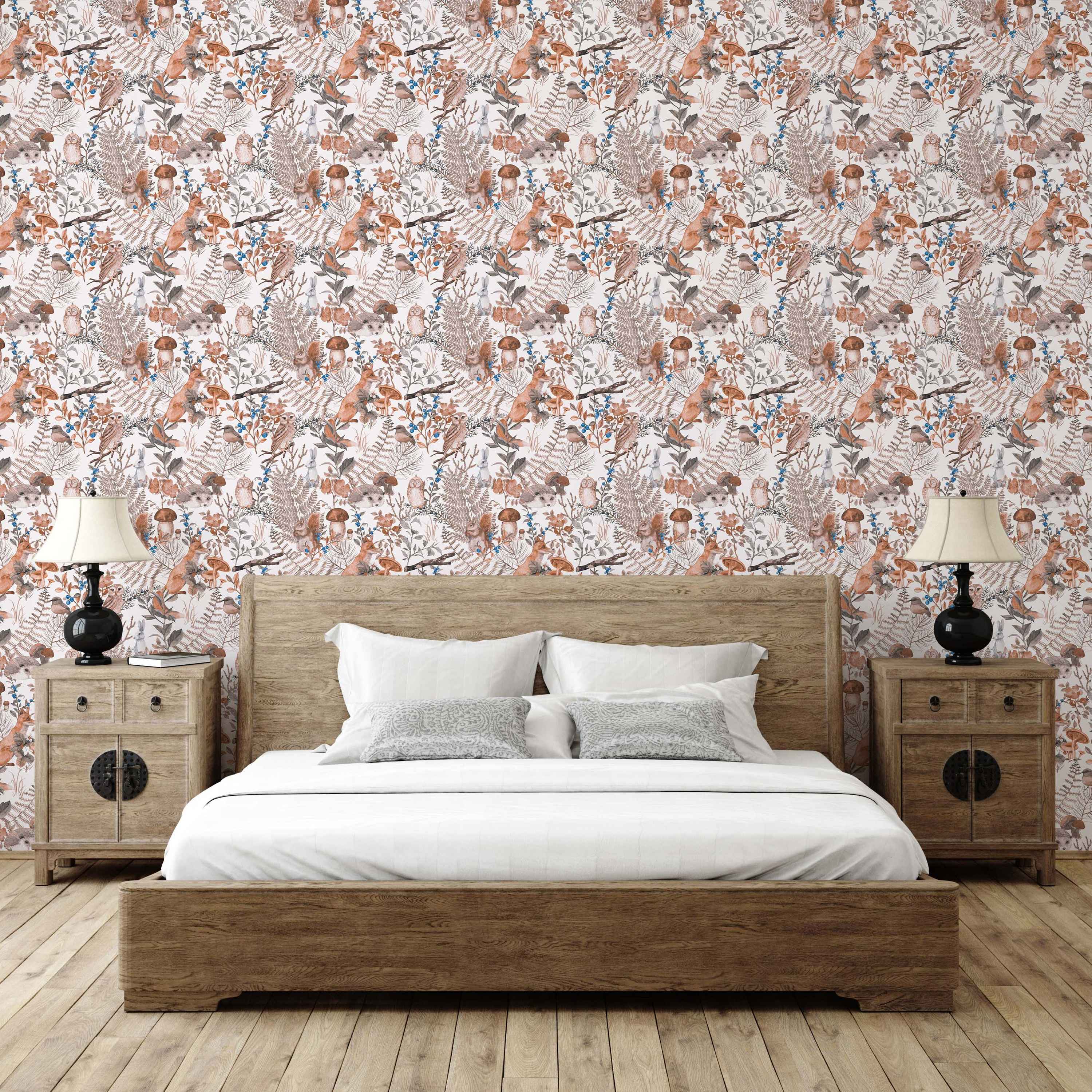 Watercolor woodland animal wallpaper featuring foxes, owls, squirrels, rabbits, ferns, and mushrooms in brown, orange, gray, and blue.