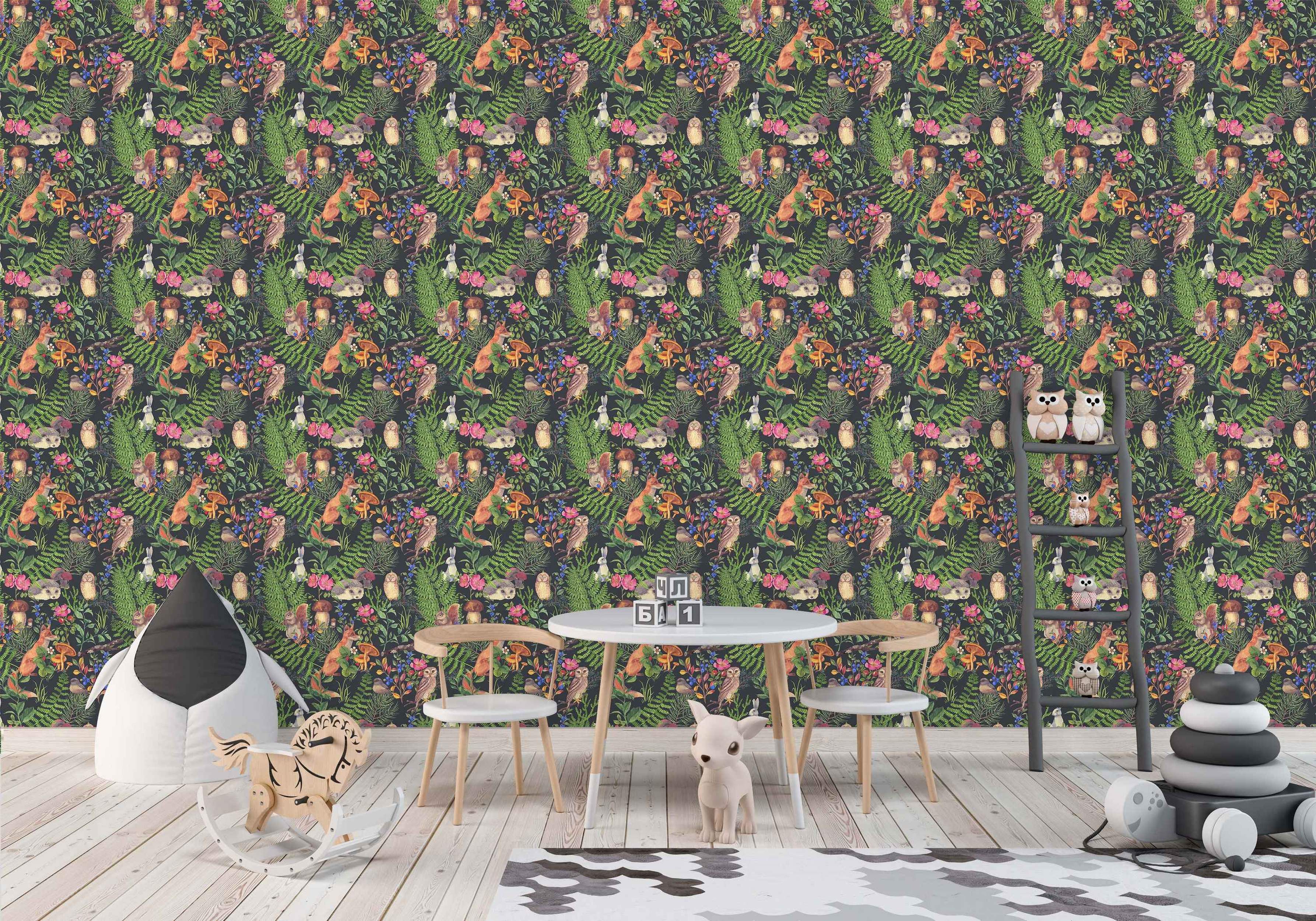 Watercolor woodland animal wallpaper featuring foxes, owls, rabbits, hedgehogs, squirrels, ferns, and berries on a dark background.
