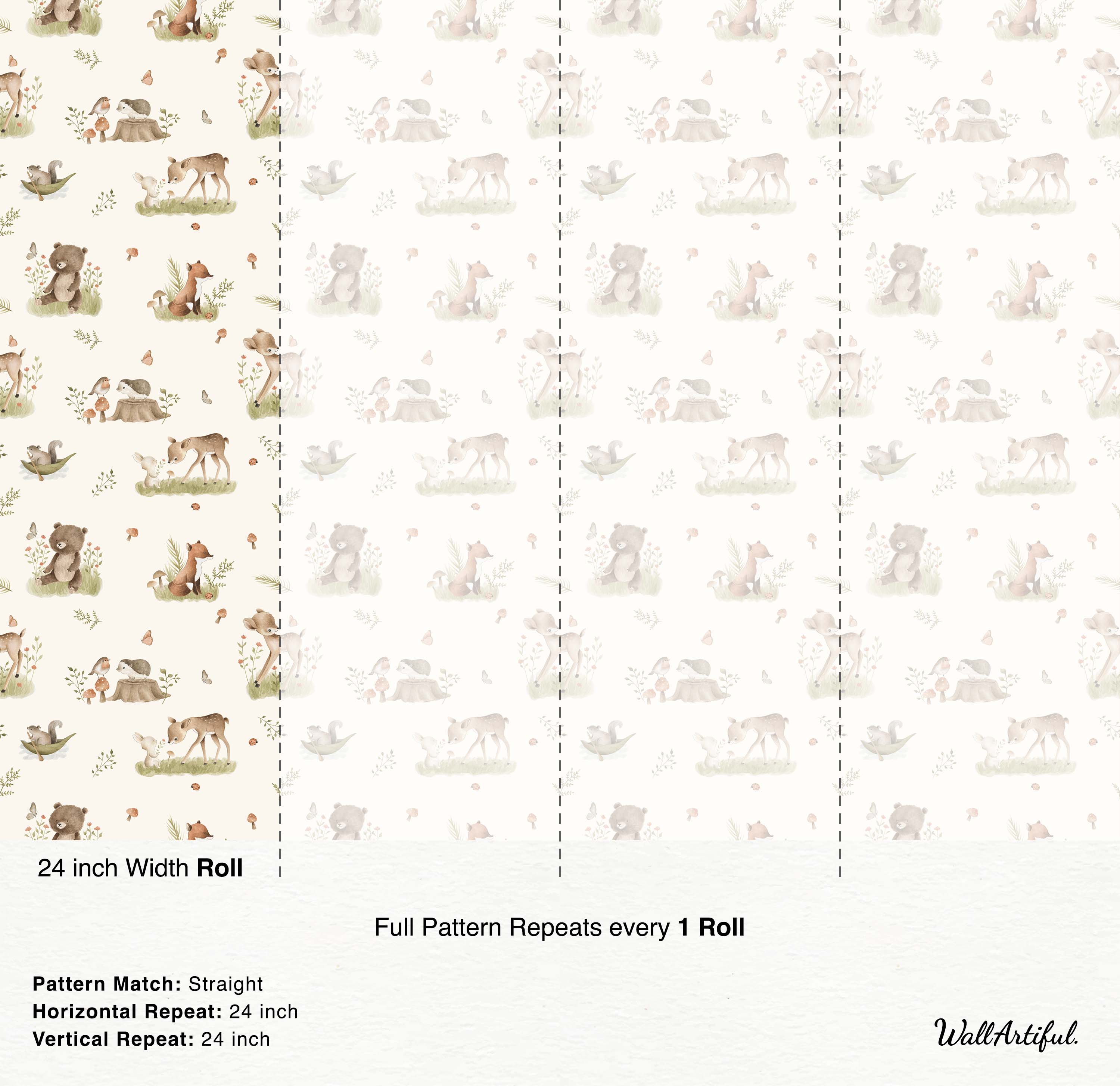 Wallpaper with a gentle woodland animal pattern featuring deer, bears, and foxes in soft, earthy tones on a cream background.